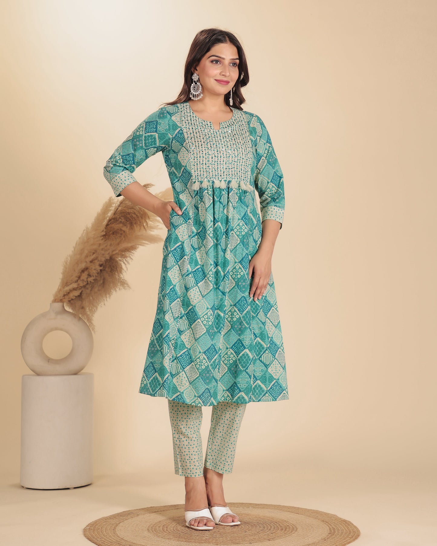 Soft Cotton Geometric Panelled Green