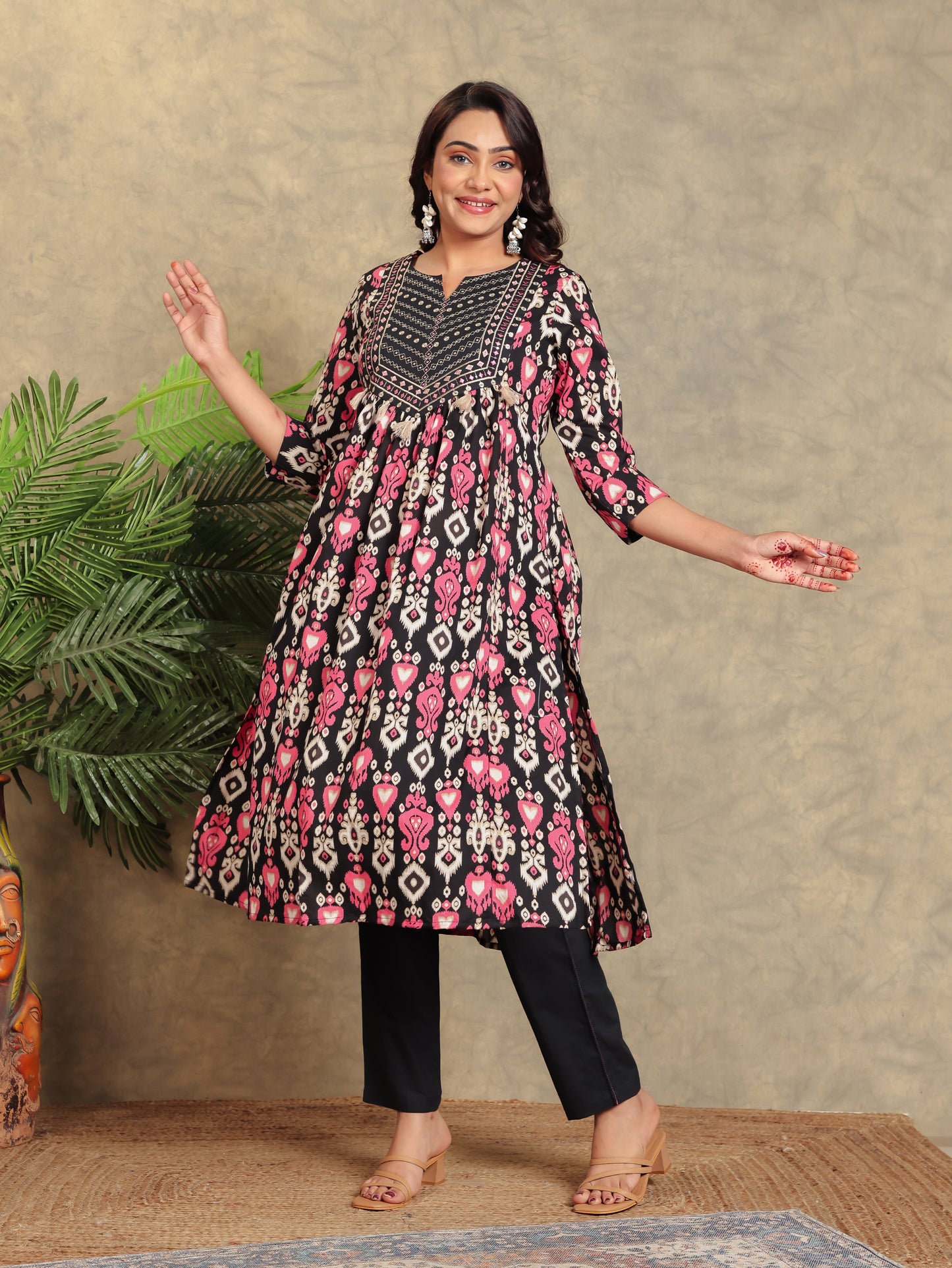 Embroidered Soft Cotton Ikat A-line Black Kurta