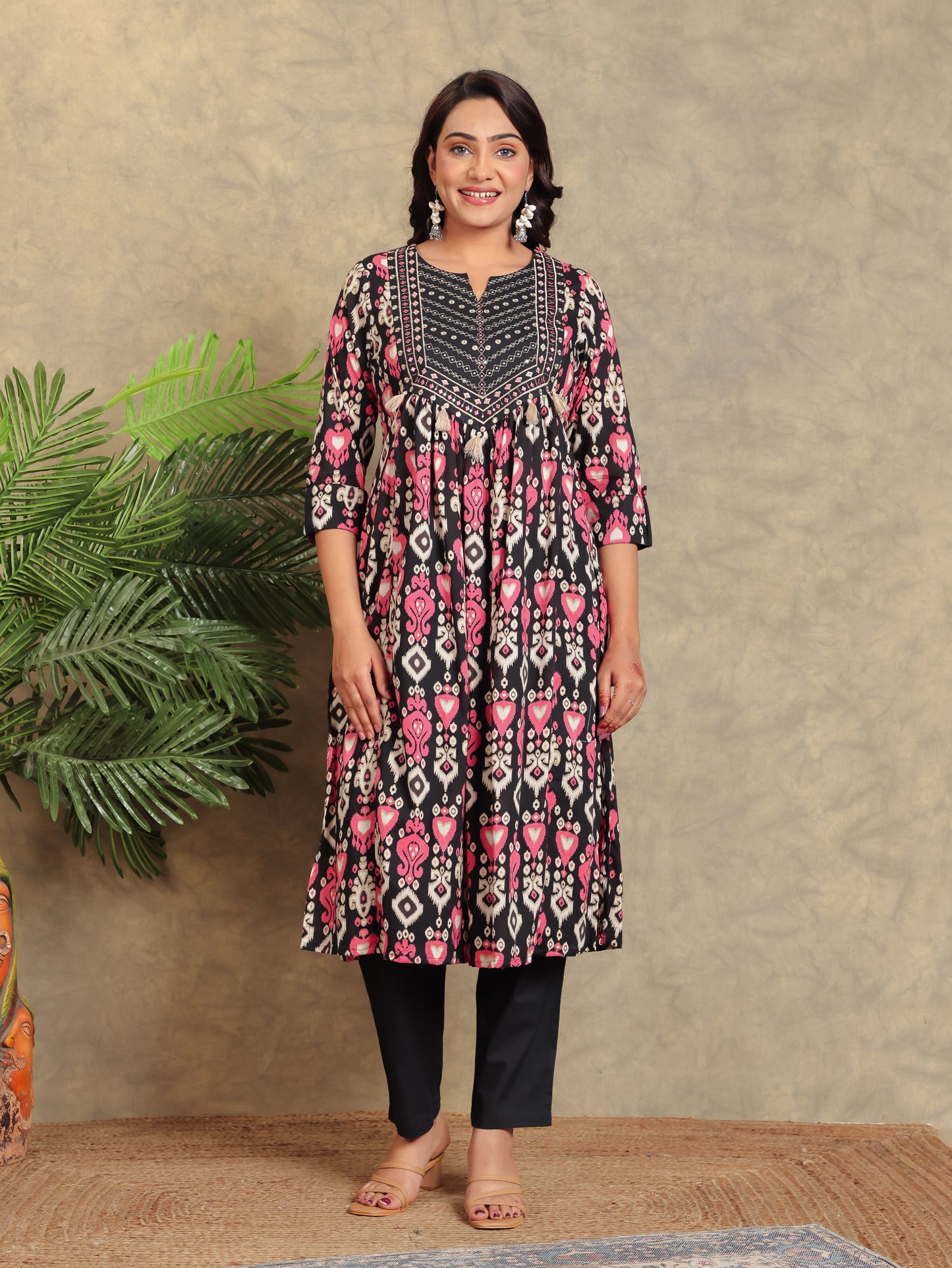 Embroidered Soft Cotton Ikat A-line Black Kurta