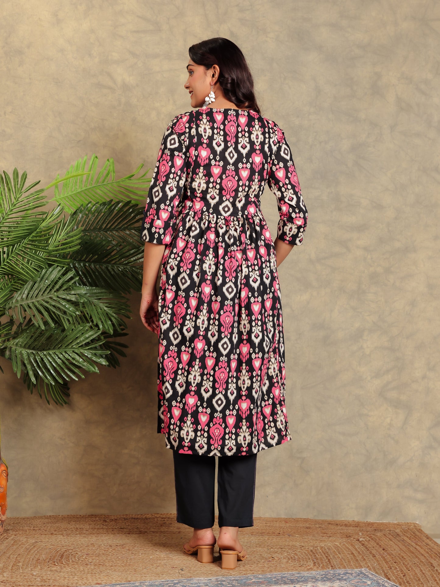 Embroidered Soft Cotton Ikat A-line Black Kurta