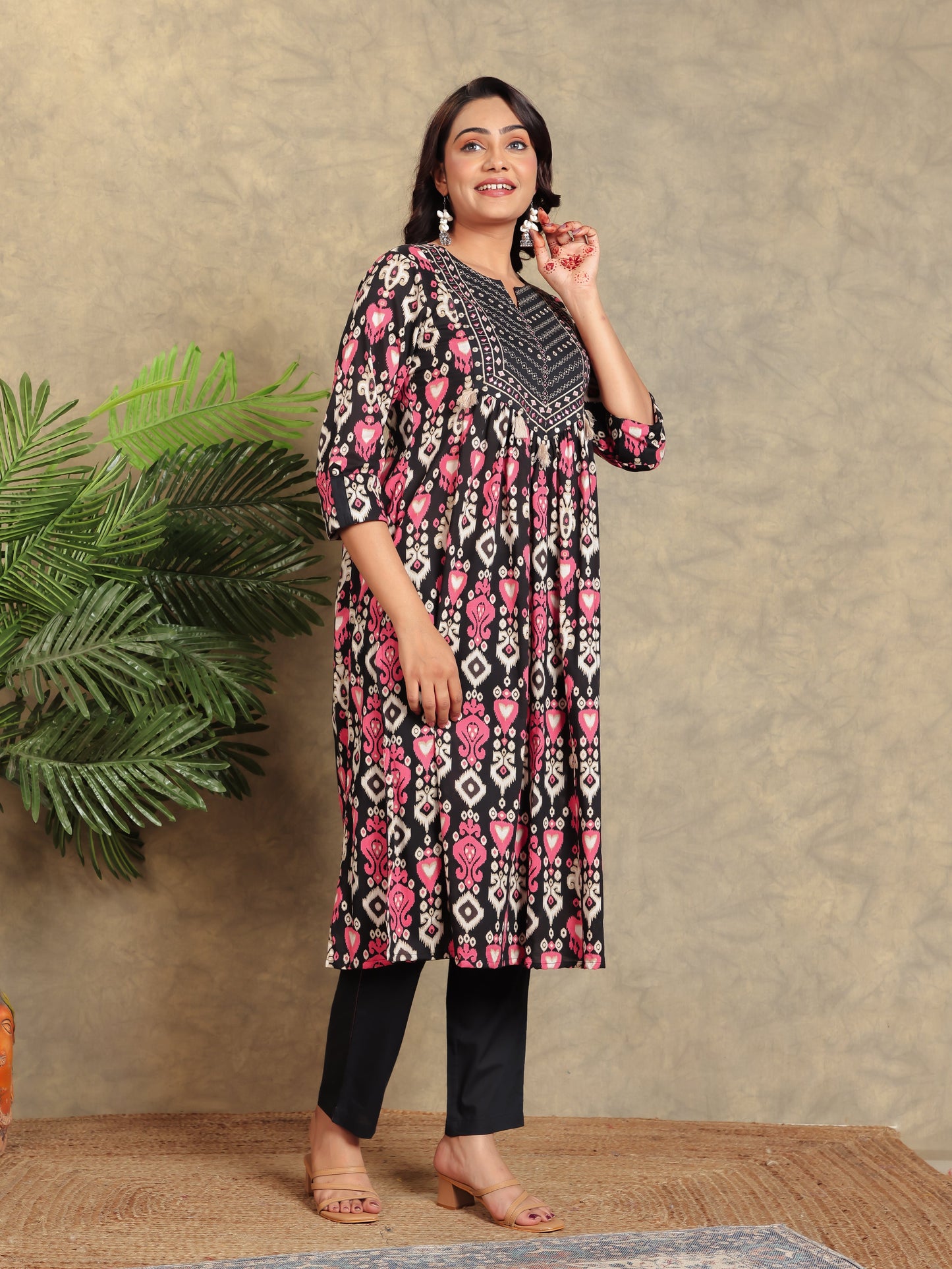 Embroidered Soft Cotton Ikat A-line Black Kurta