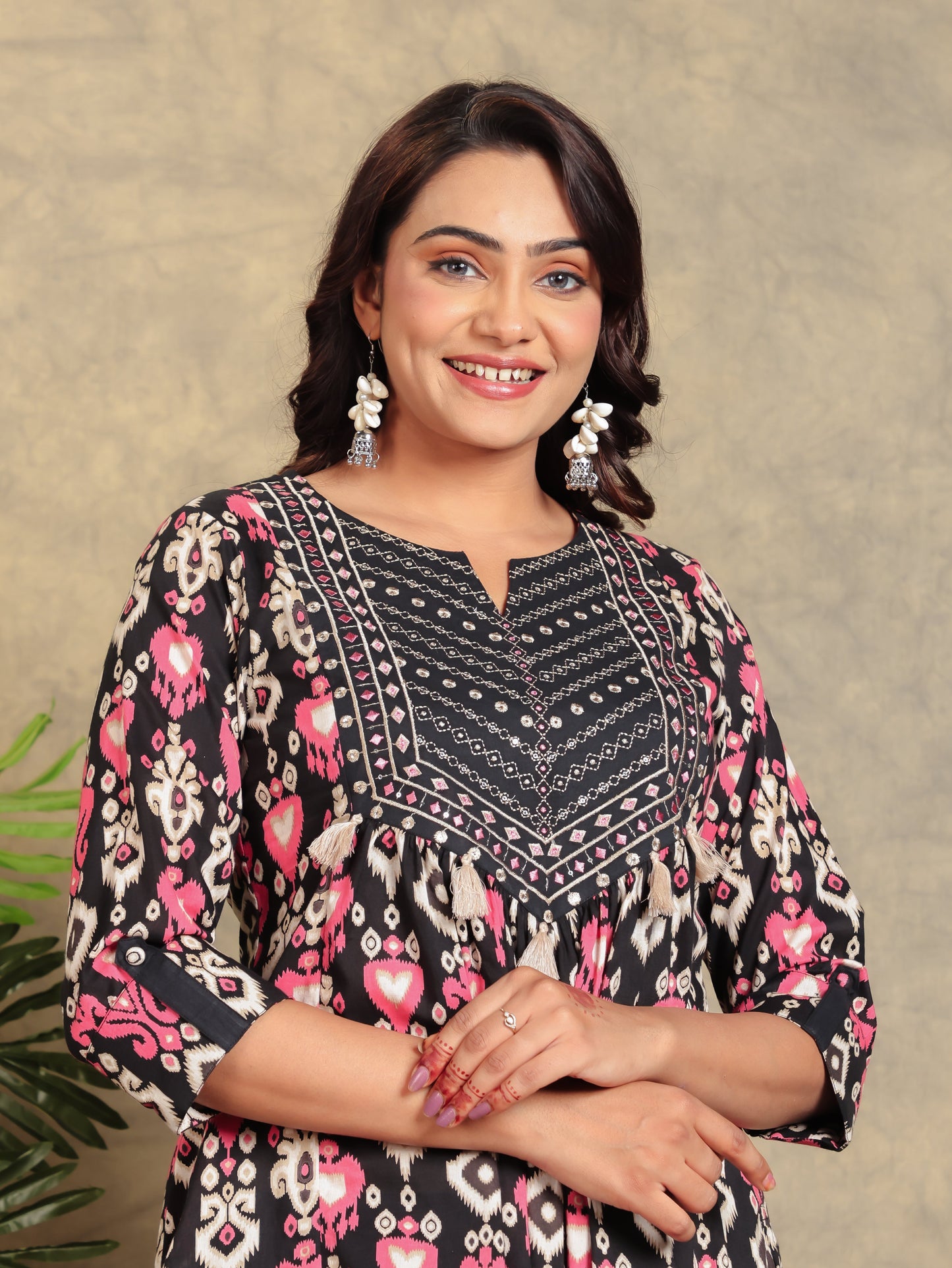 Embroidered Soft Cotton Ikat A-line Black Kurta