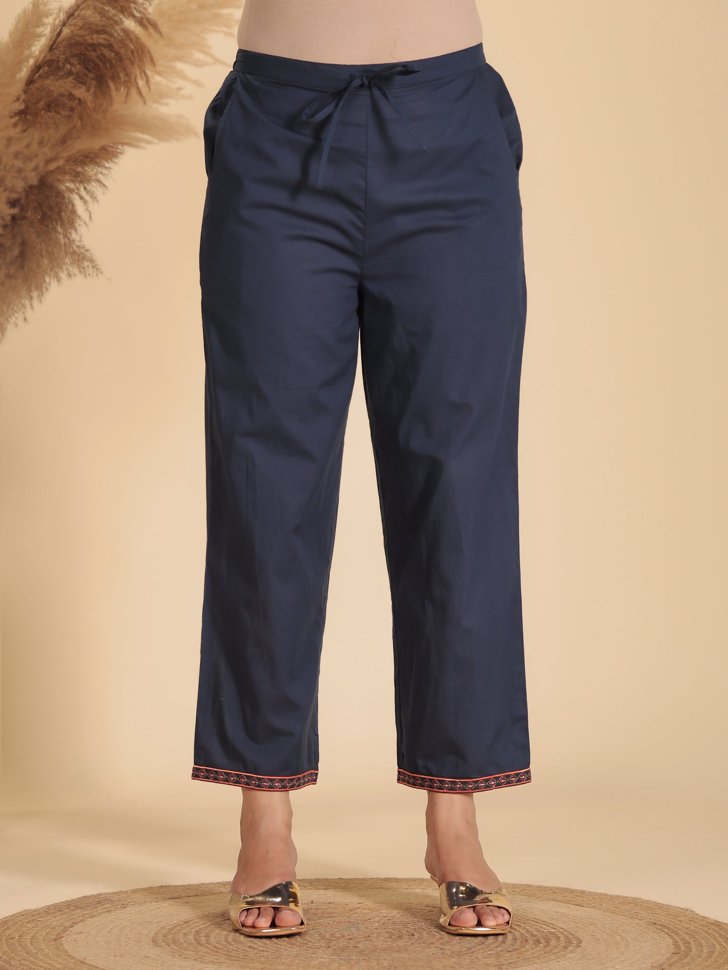 Embroidered Soft Cotton Solid Blue Straight Trousers