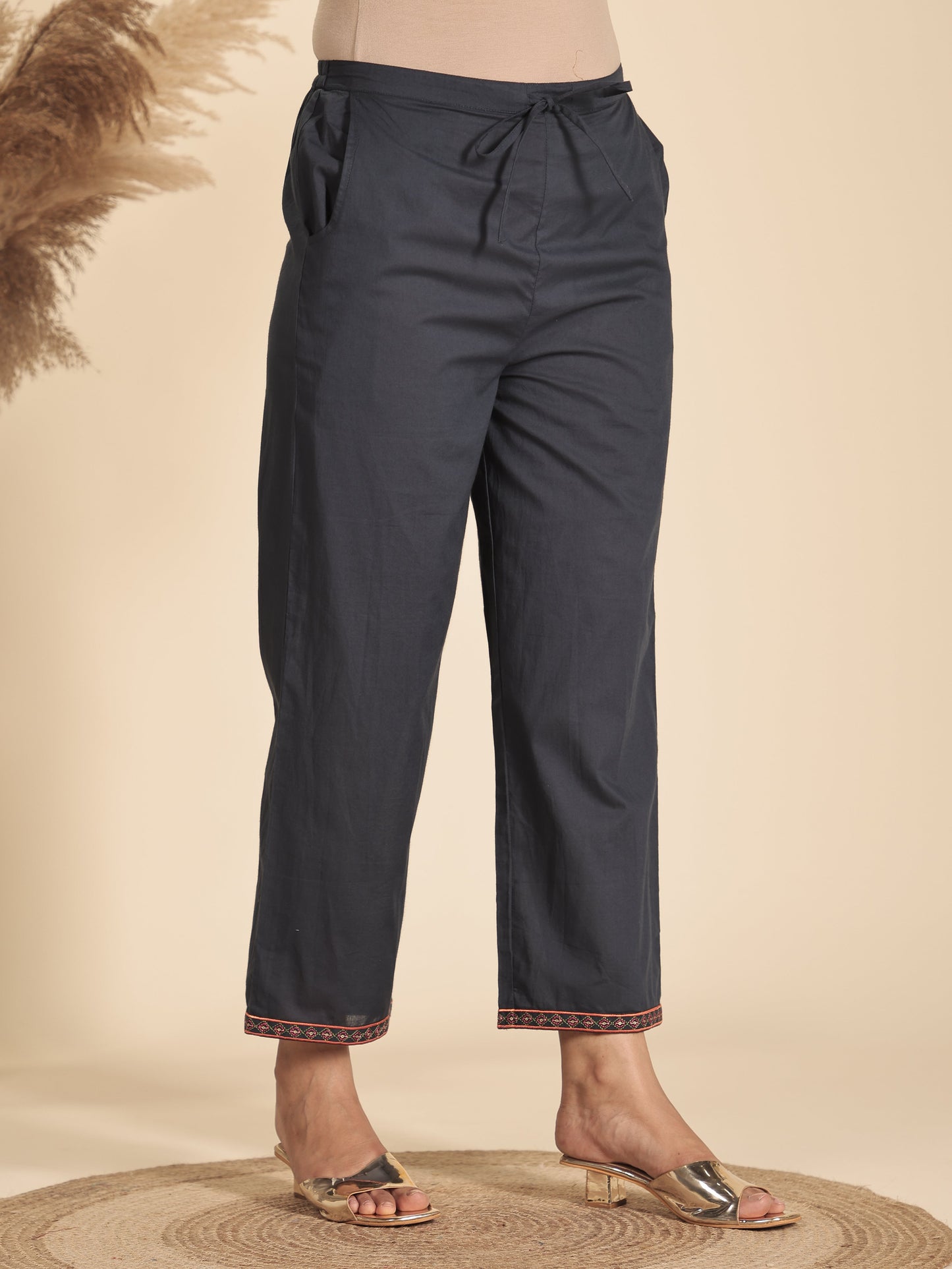 Embroidered Soft Cotton Solid Blue Straight Trousers