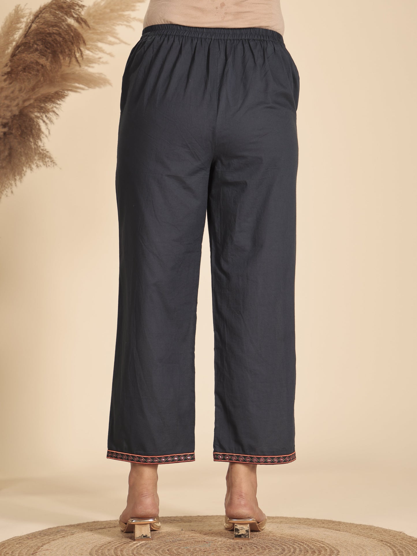 Embroidered Soft Cotton Solid Blue Straight Trousers