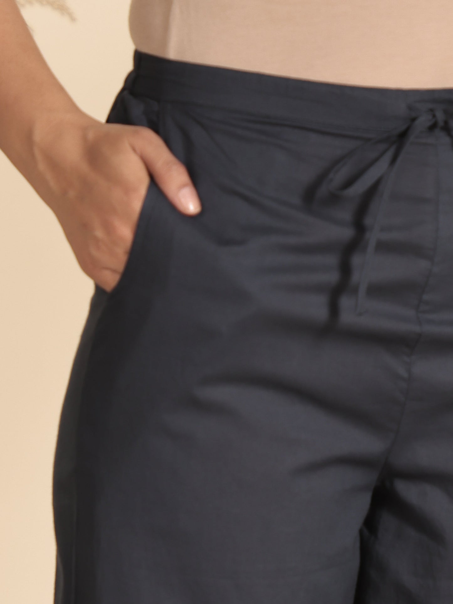 Embroidered Soft Cotton Solid Blue Straight Trousers