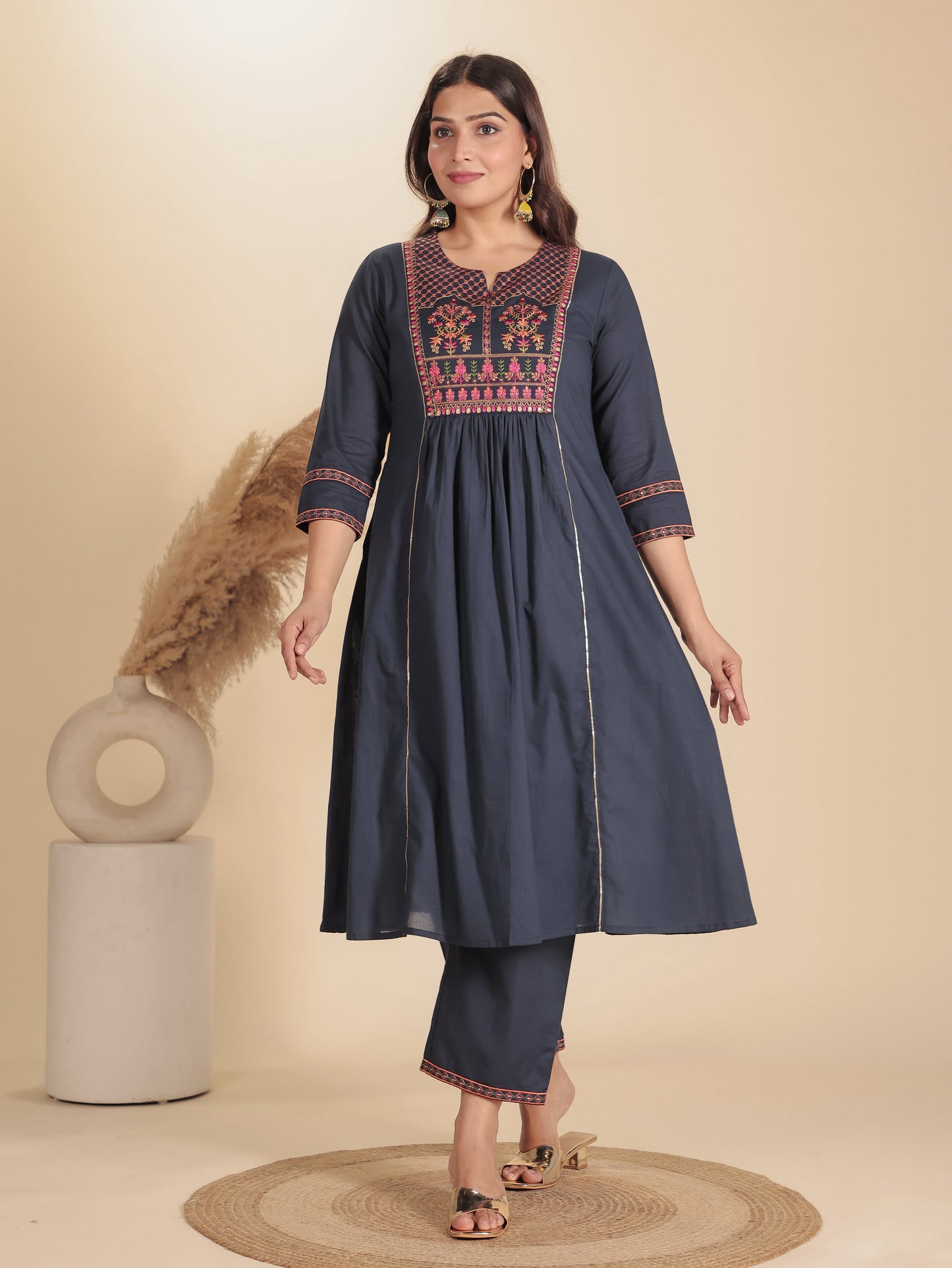 Embroidered Soft Cotton Solid Flared Grey Kurta