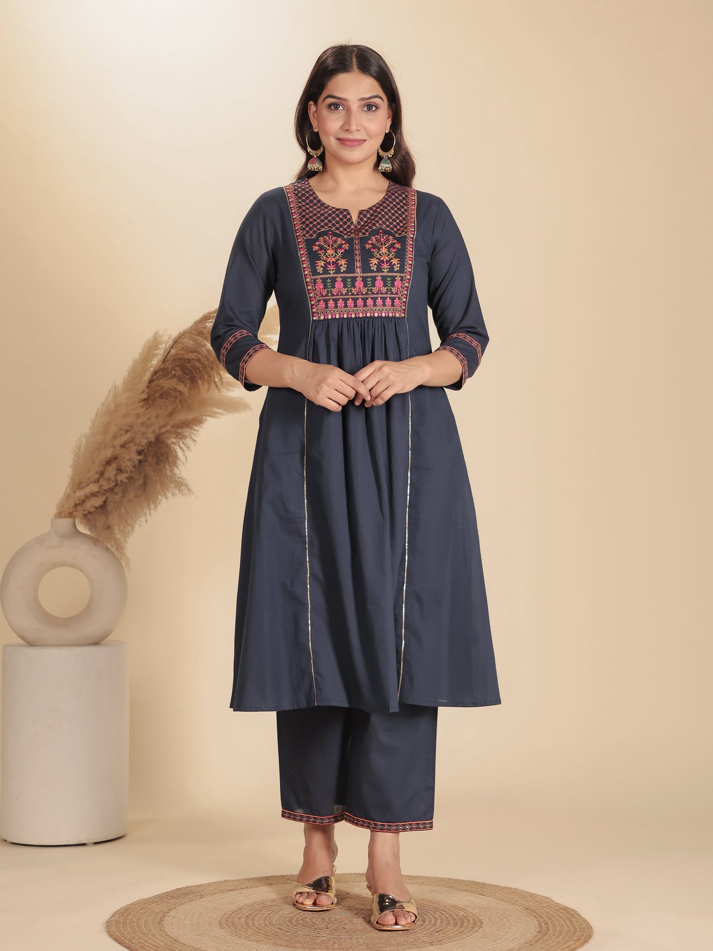Embroidered Soft Cotton Solid Flared Grey Kurta