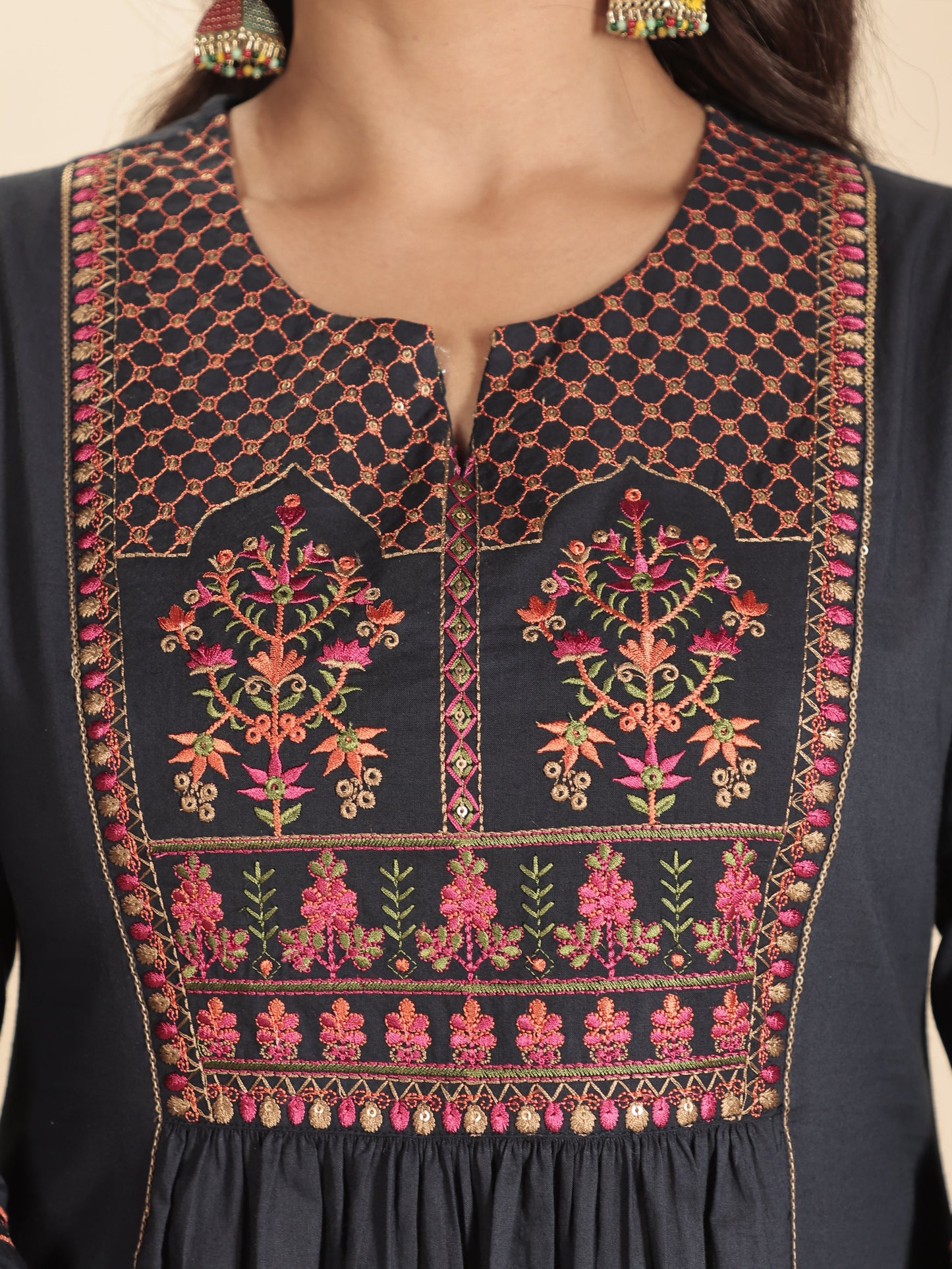 Embroidered Soft Cotton Solid Flared Grey Kurta