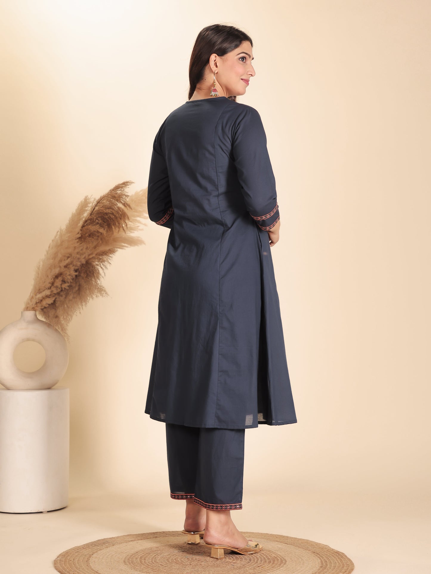 Embroidered Soft Cotton Solid Flared Grey Kurta