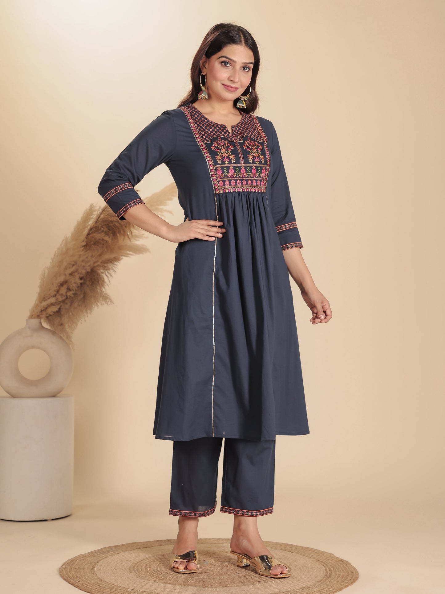 Embroidered Soft Cotton Solid Flared Grey Kurta