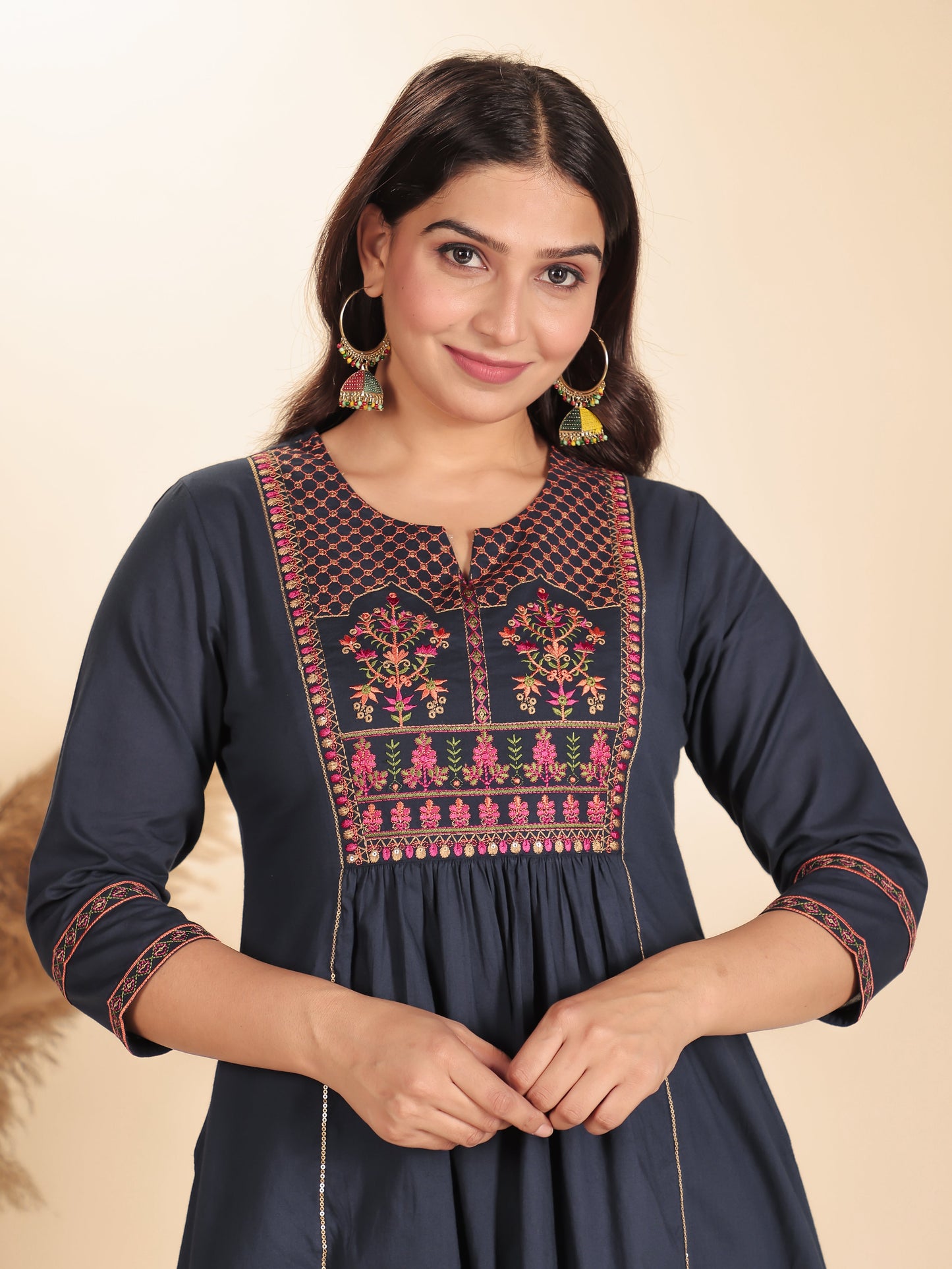 Embroidered Soft Cotton Solid Flared Grey Kurta