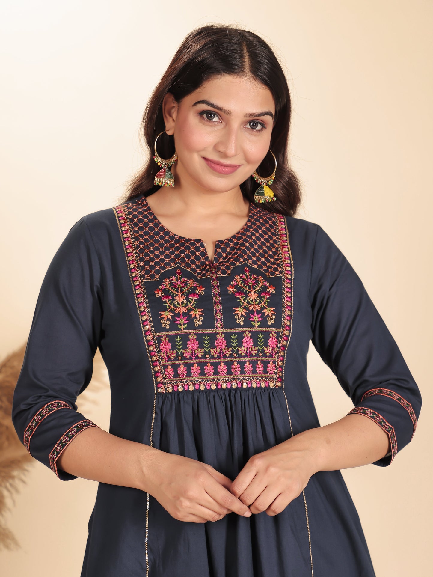 Embroidered Soft Cotton Solid Flared Grey Kurta