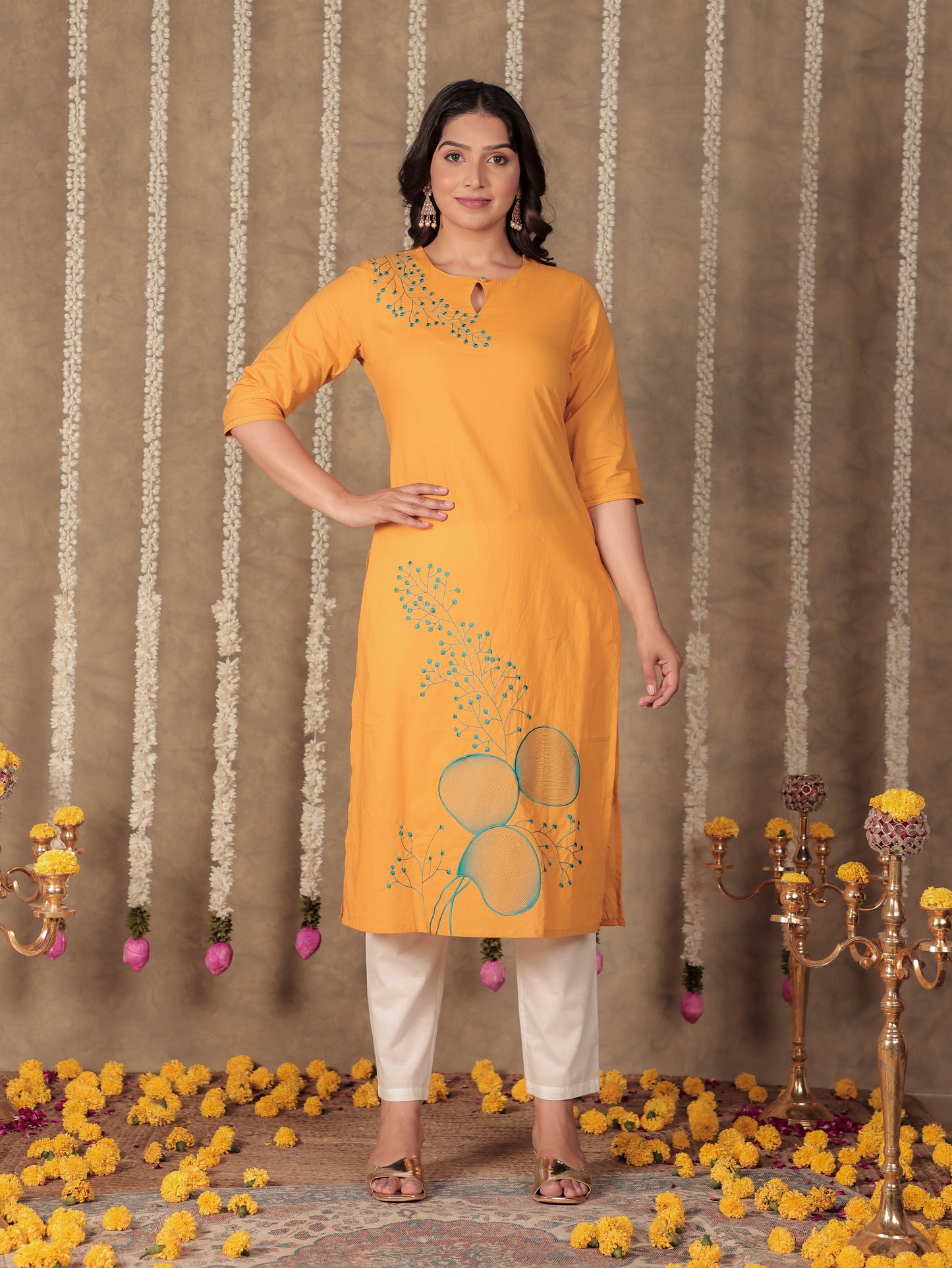 Soft Cotton Solid Straight Yellow Kurta