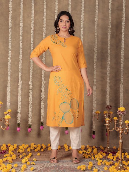 Soft Cotton Solid Straight Yellow Kurta