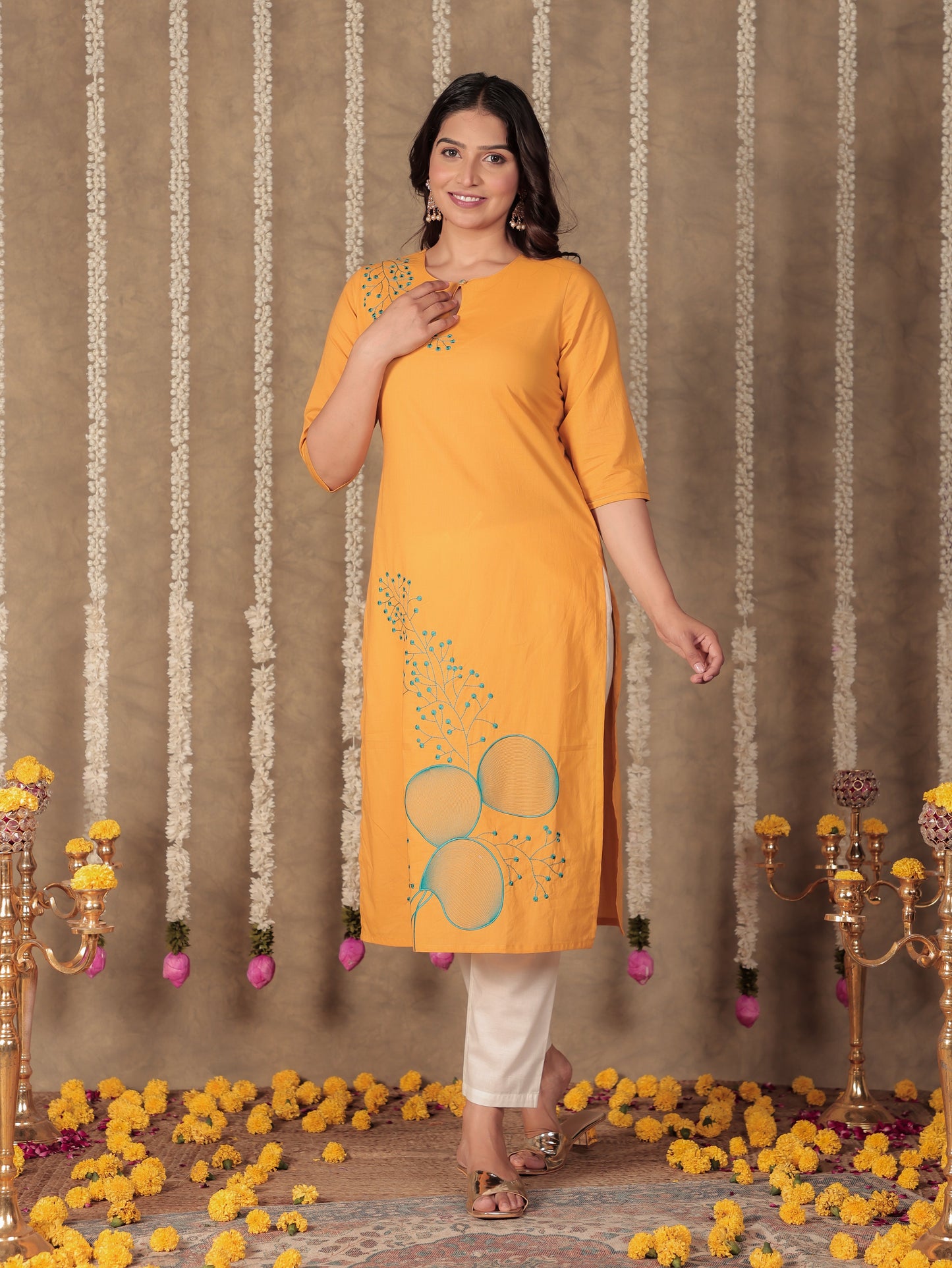 Soft Cotton Solid Straight Yellow Kurta