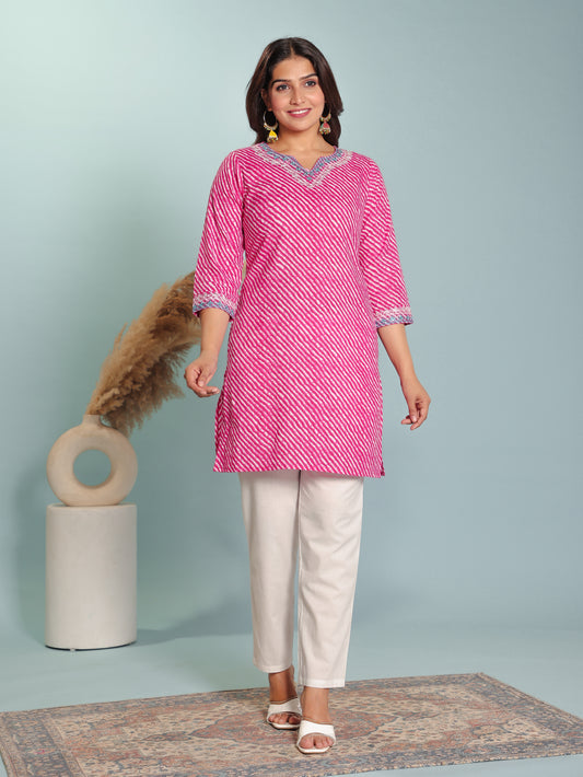 Soft Cotton Leheriya Straight Pink Kurti