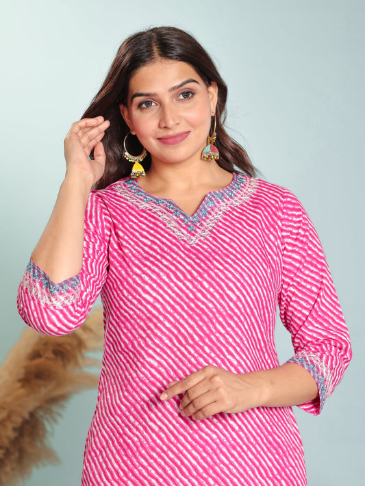 Soft Cotton Leheriya Straight Pink Kurti
