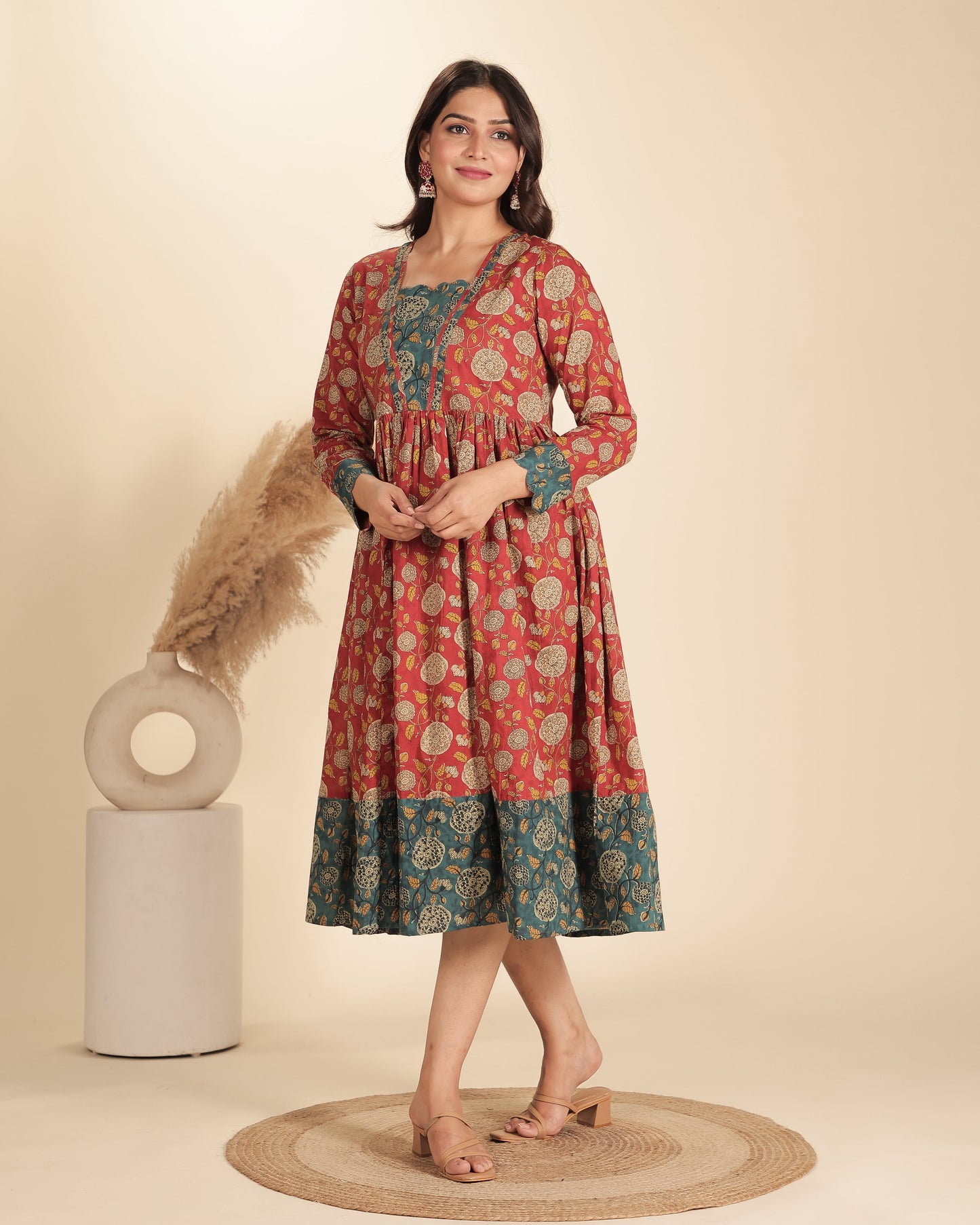 Soft Cotton Floral Flared Red Dress