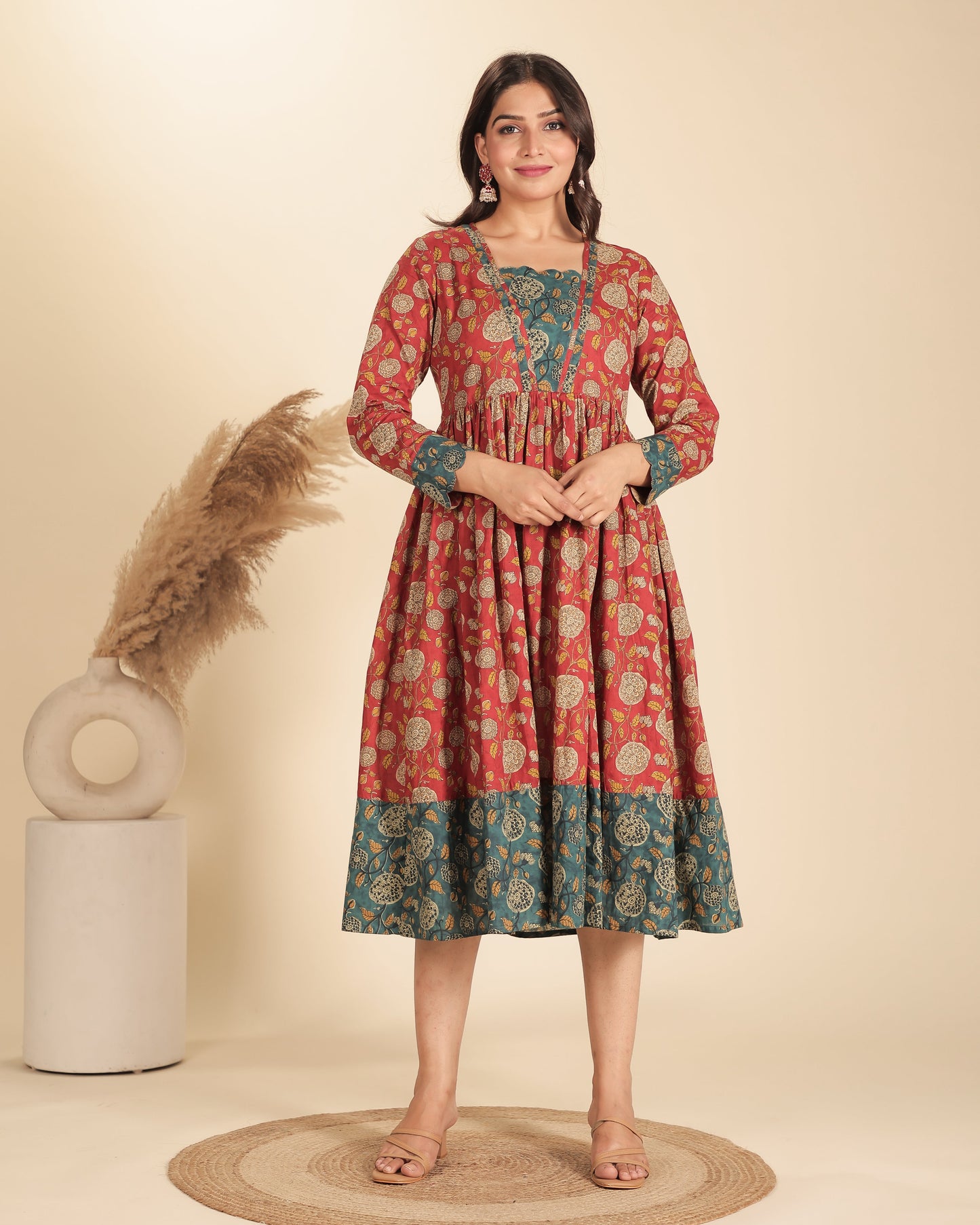 Soft Cotton Floral Flared Red Dress