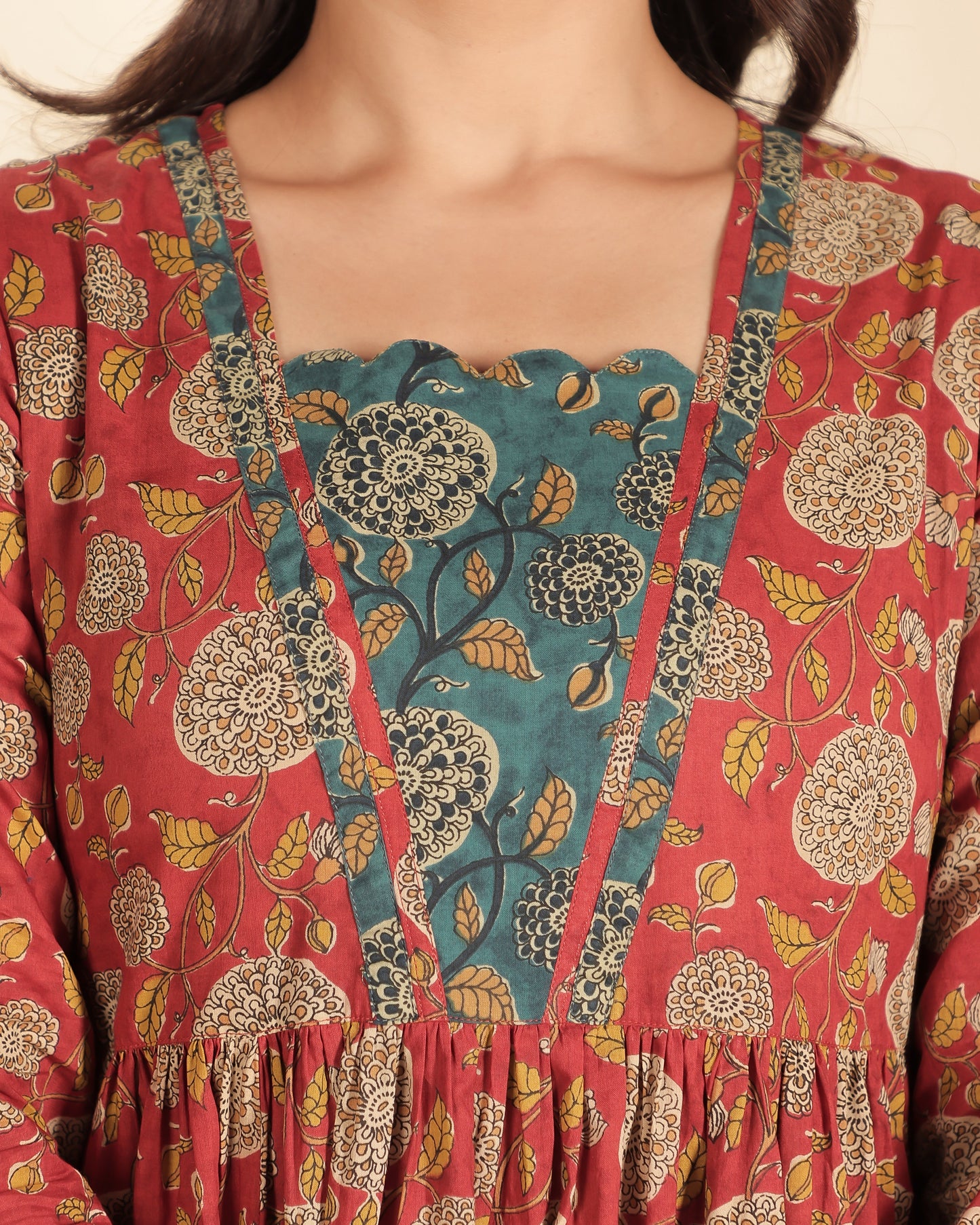 Soft Cotton Floral Flared Red Dress