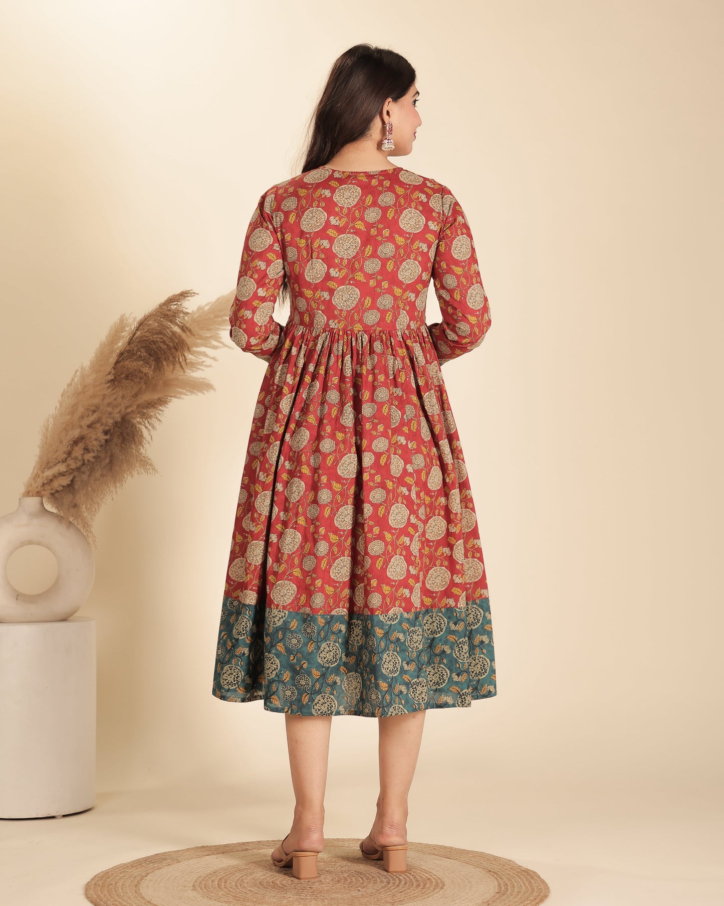 Soft Cotton Floral Flared Red Dress