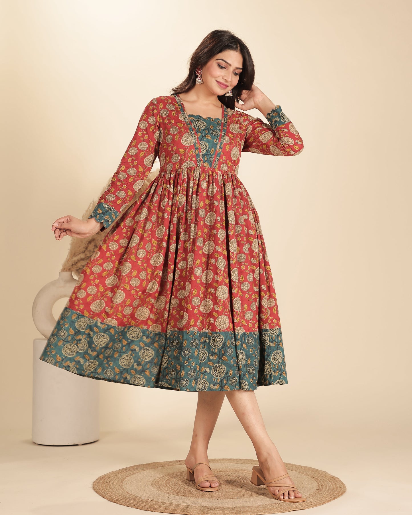 Soft Cotton Floral Flared Red Dress