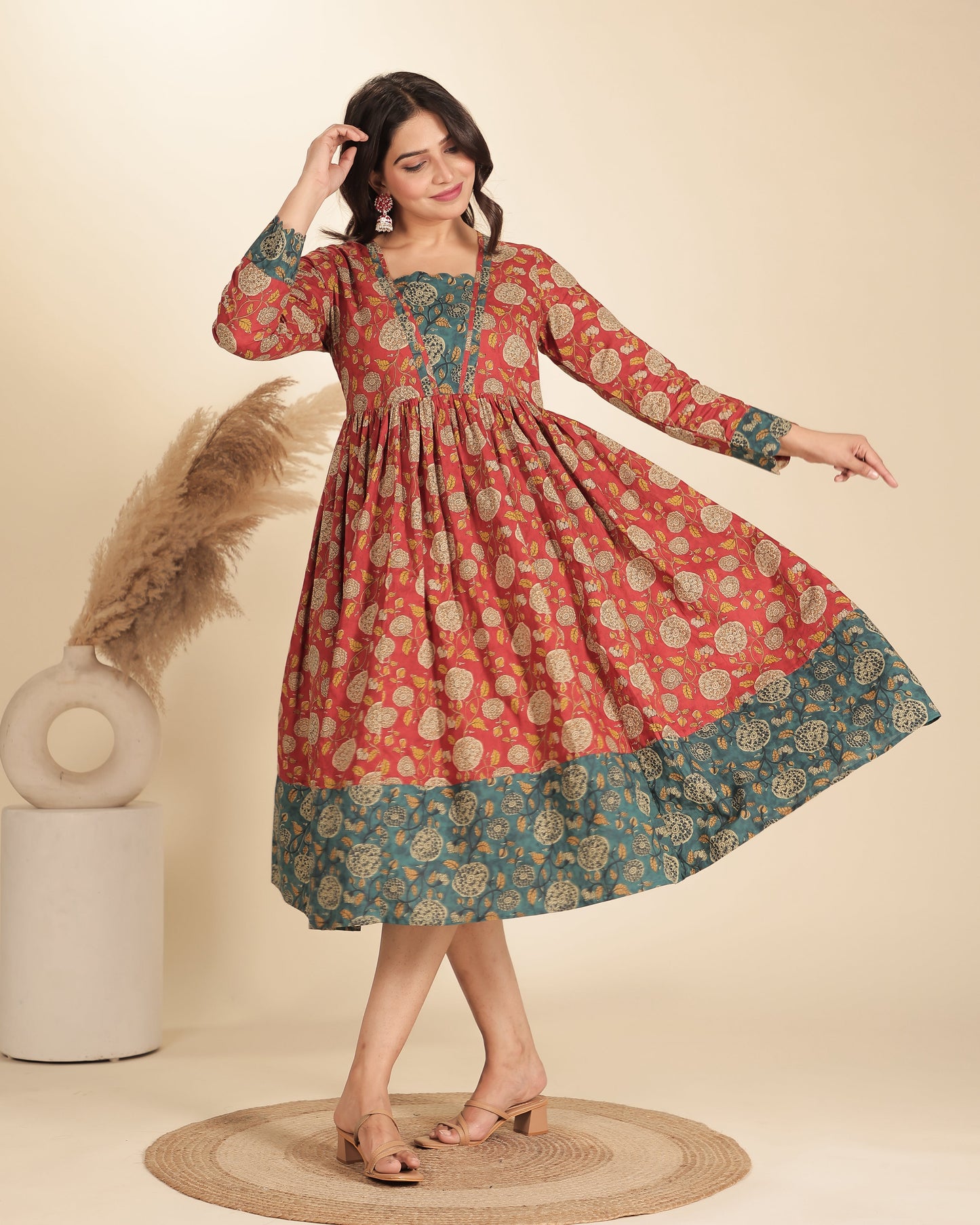 Soft Cotton Floral Flared Red Dress