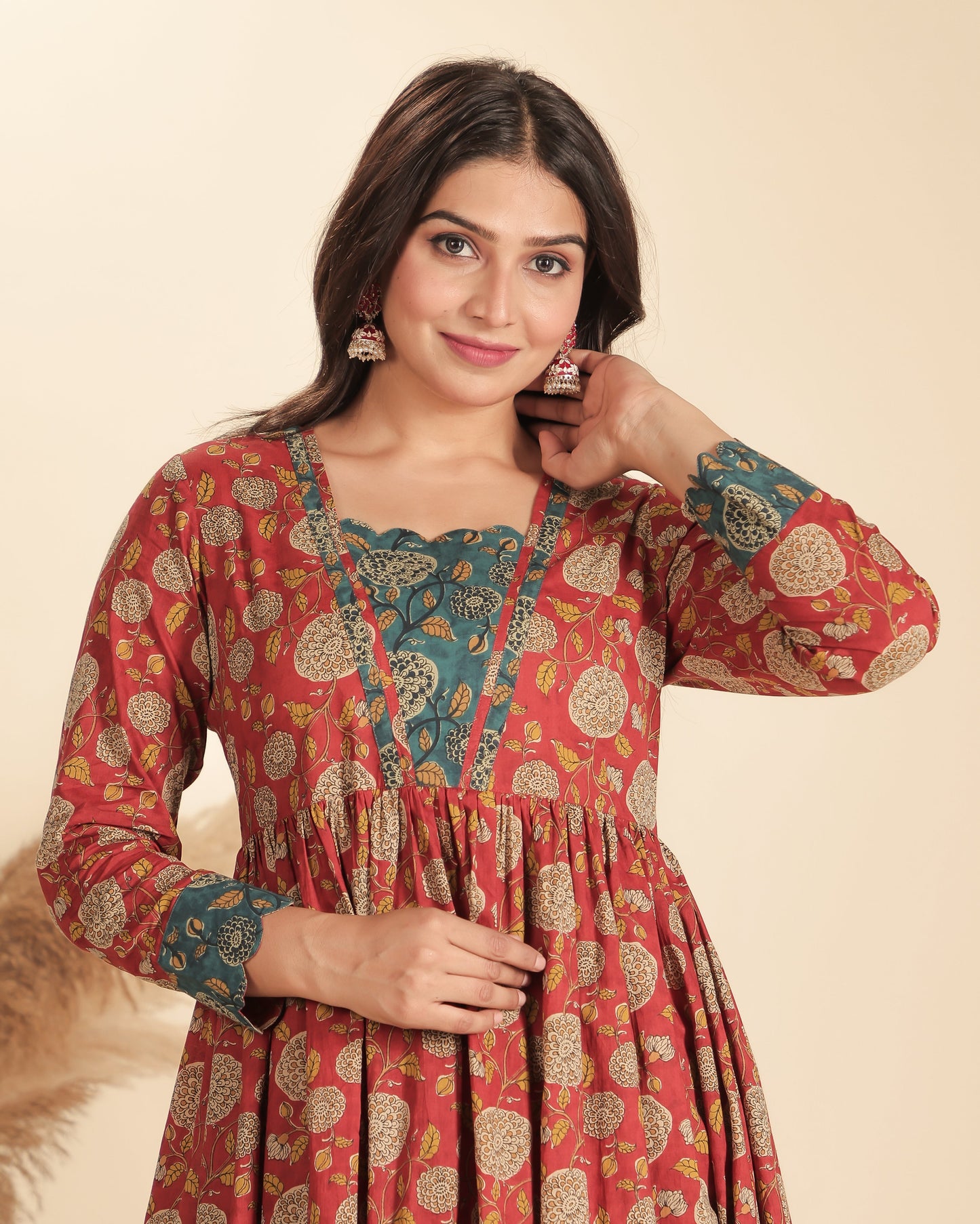 Soft Cotton Floral Flared Red Dress