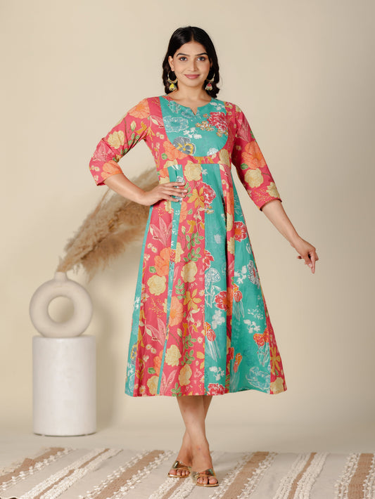 Soft Cotton Floral Anarkali Multicolor Dress