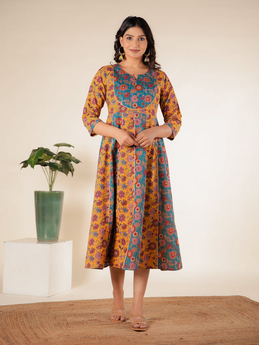 Soft Cotton Floral Anarkali Multicolor Dress