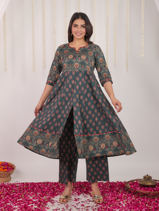 Soft Cotton Geometric Anarkali Green Kurta