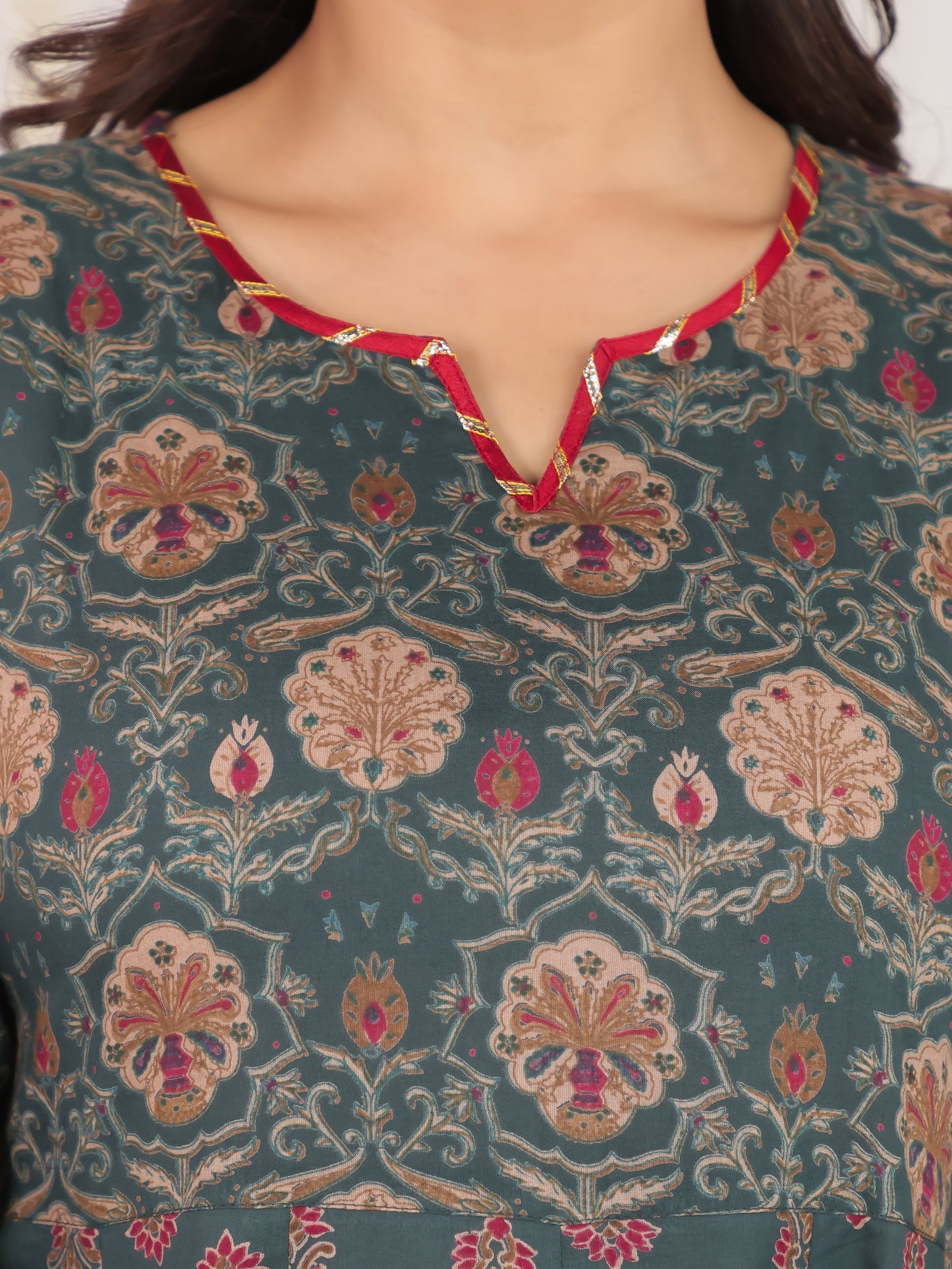 Soft Cotton Geometric Anarkali Green Kurta