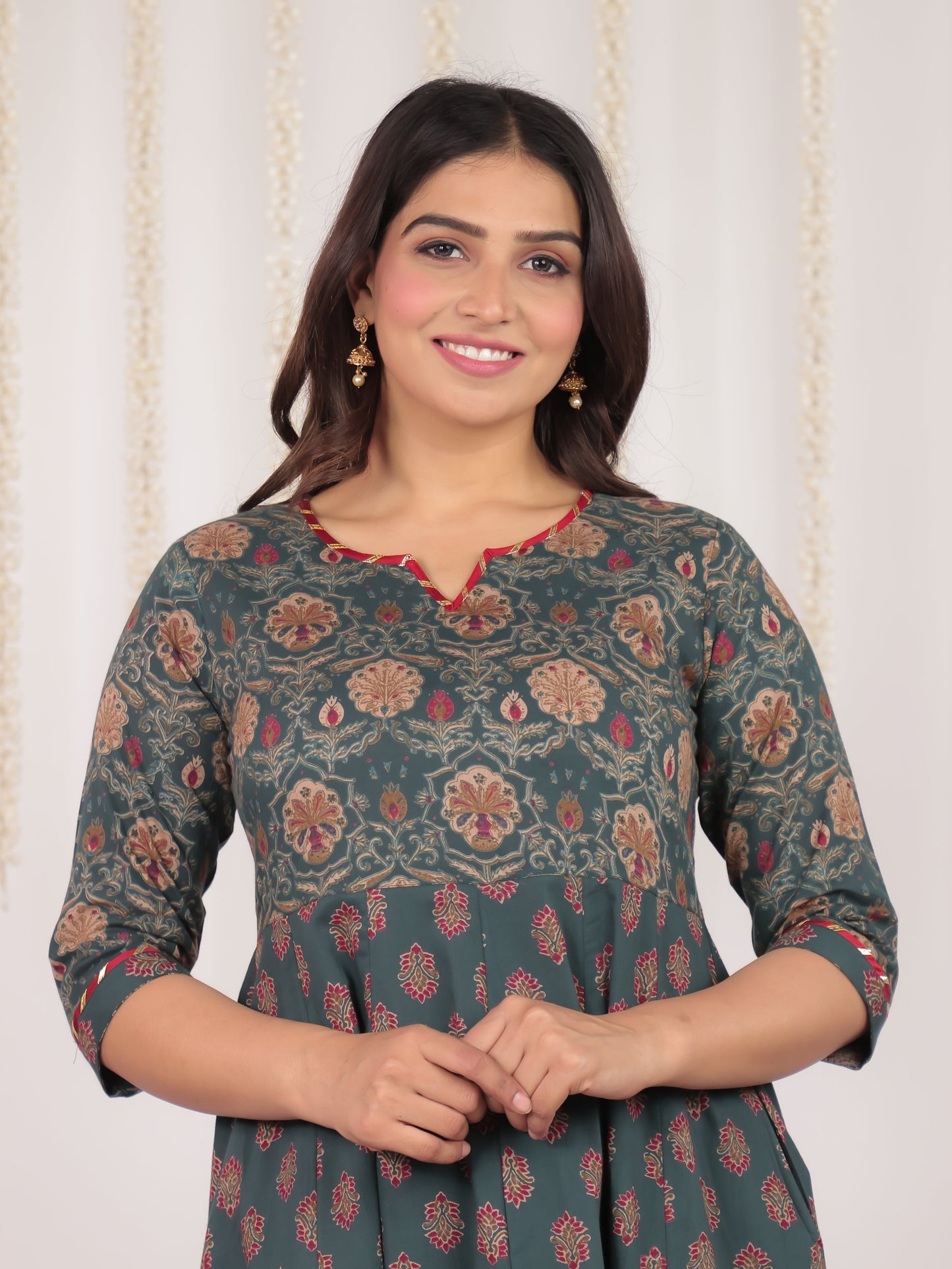 Soft Cotton Geometric Anarkali Green Kurta