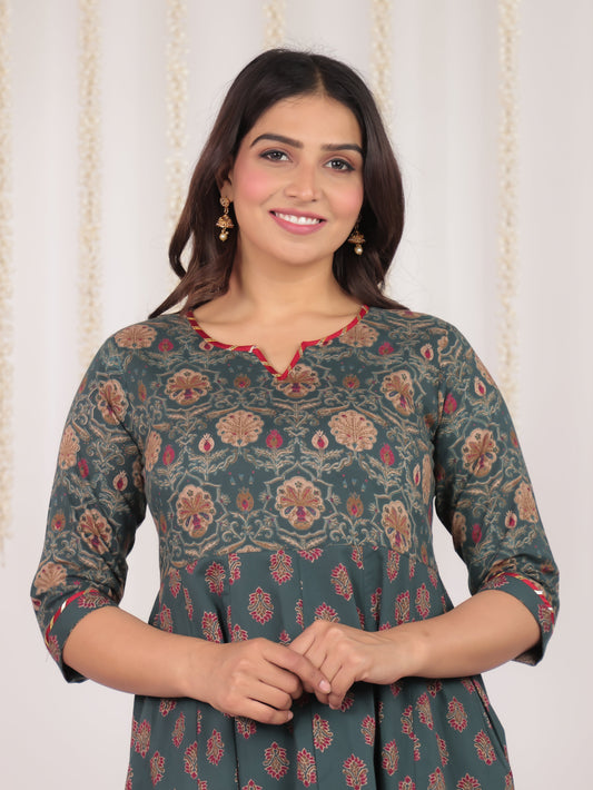 Soft Cotton Geometric Anarkali Green Kurta