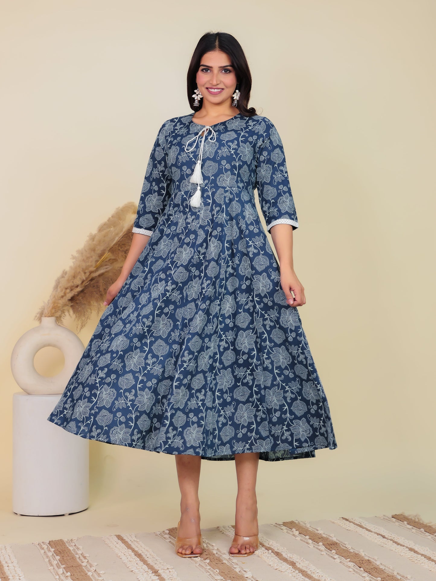 Soft Cotton Floral Anarkali Blue Kurta