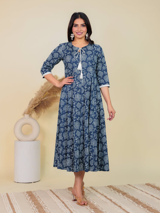 Soft Cotton Floral Anarkali Blue Kurta