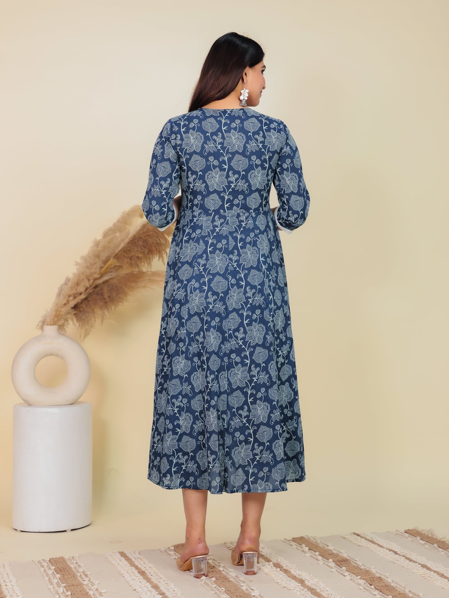 Soft Cotton Floral Anarkali Blue Kurta