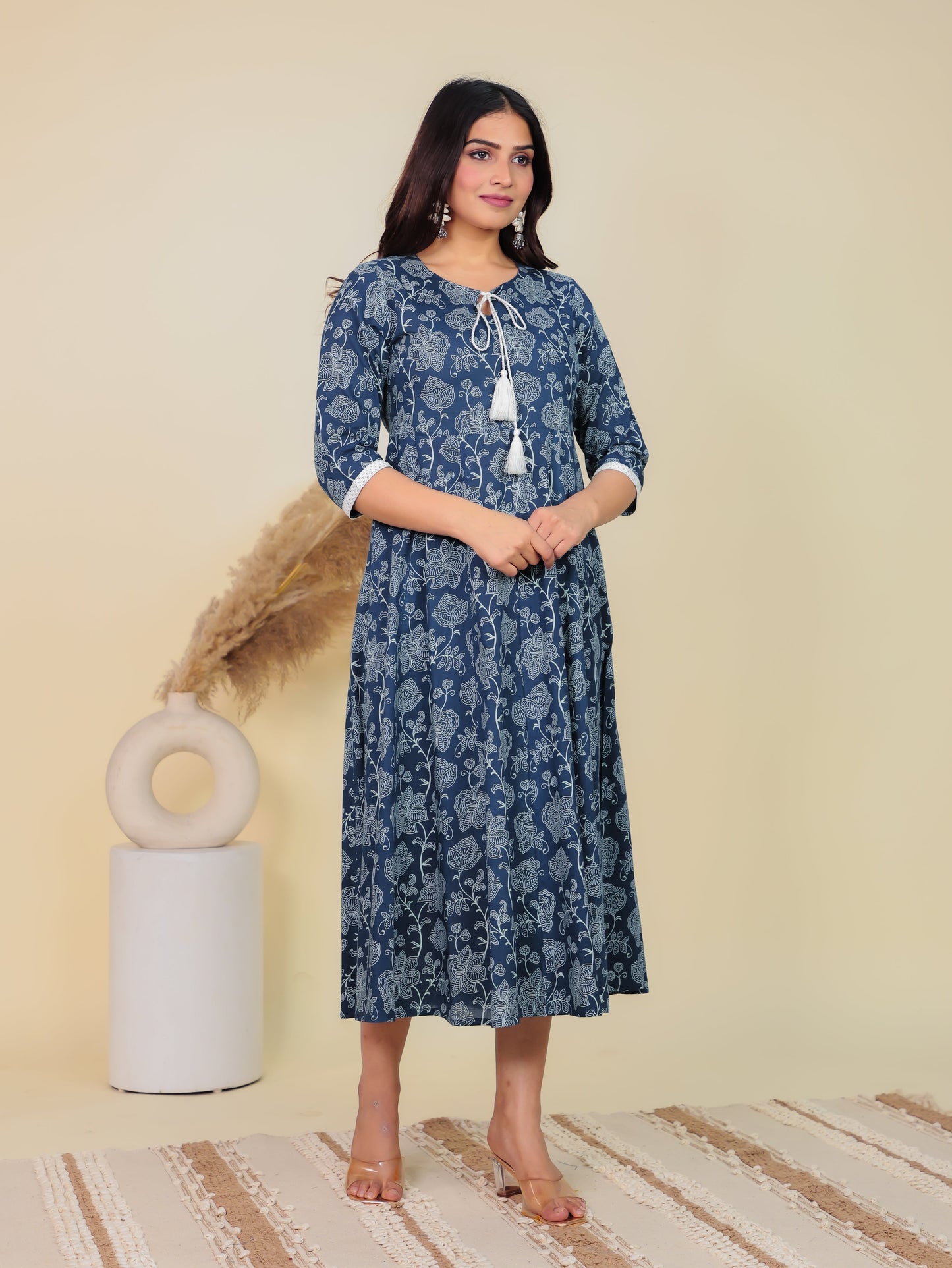 Soft Cotton Floral Anarkali Blue Kurta