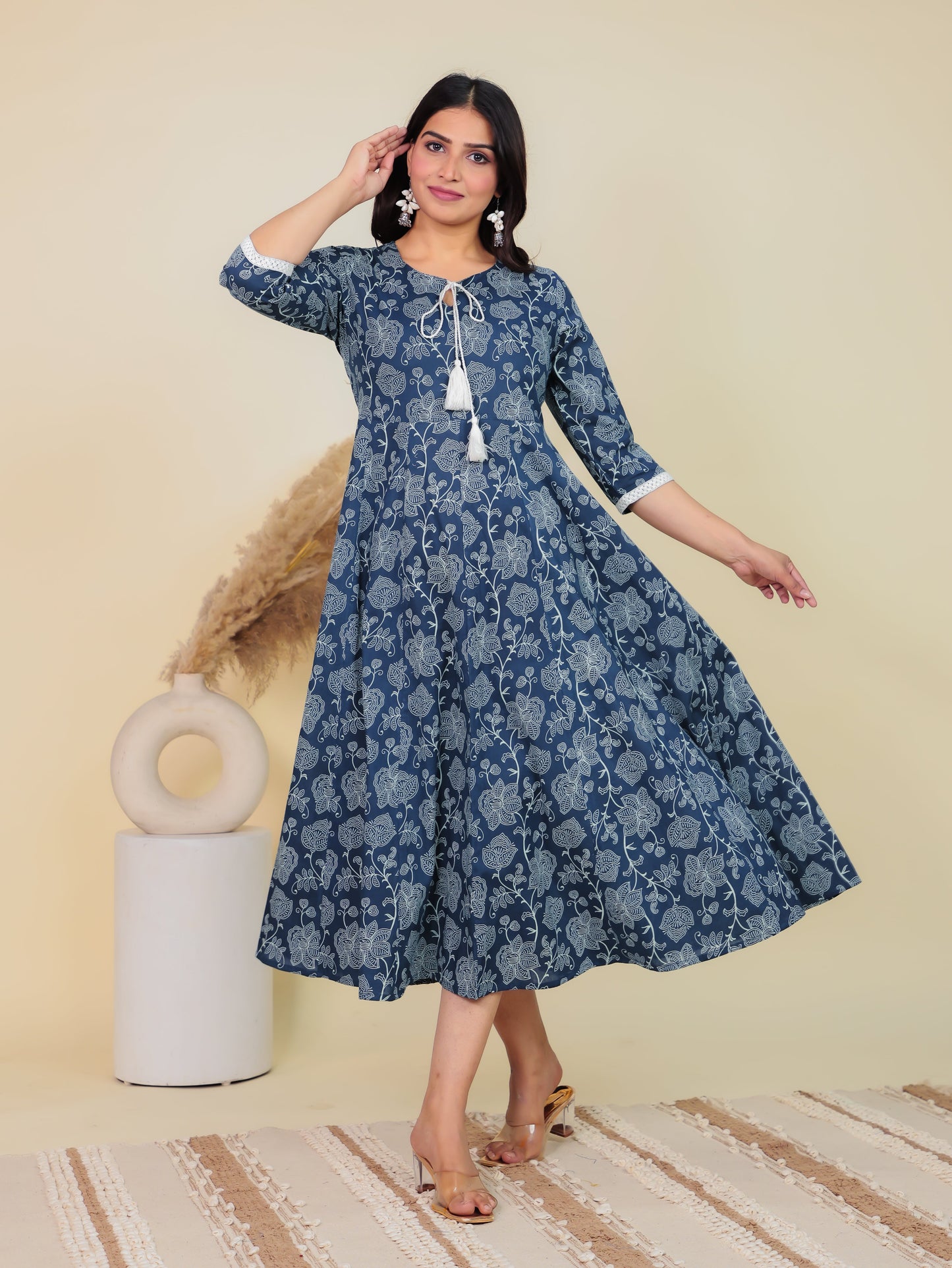 Soft Cotton Floral Anarkali Blue Kurta