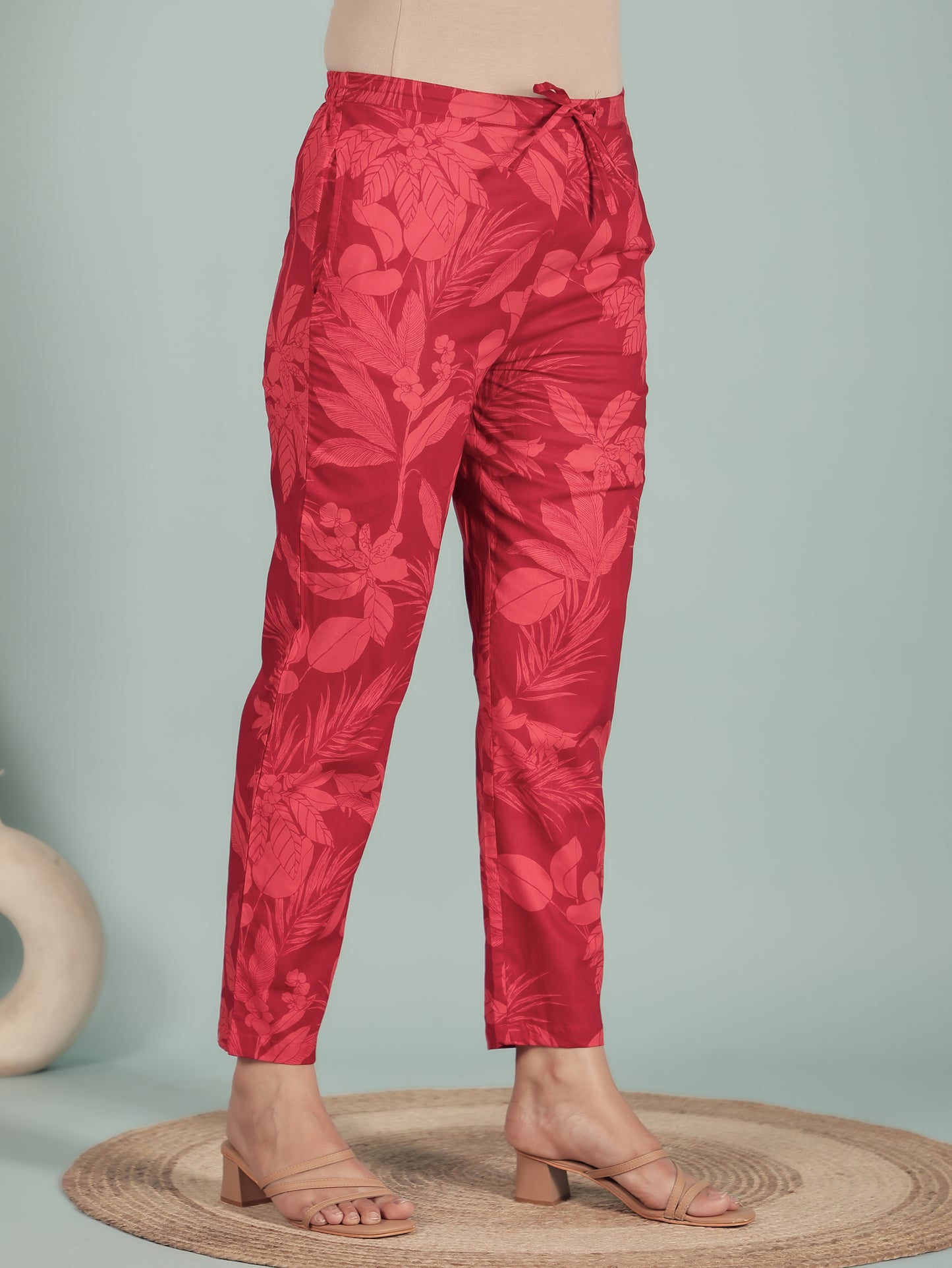 Soft Cotton Foliage Red Tapered Trousers