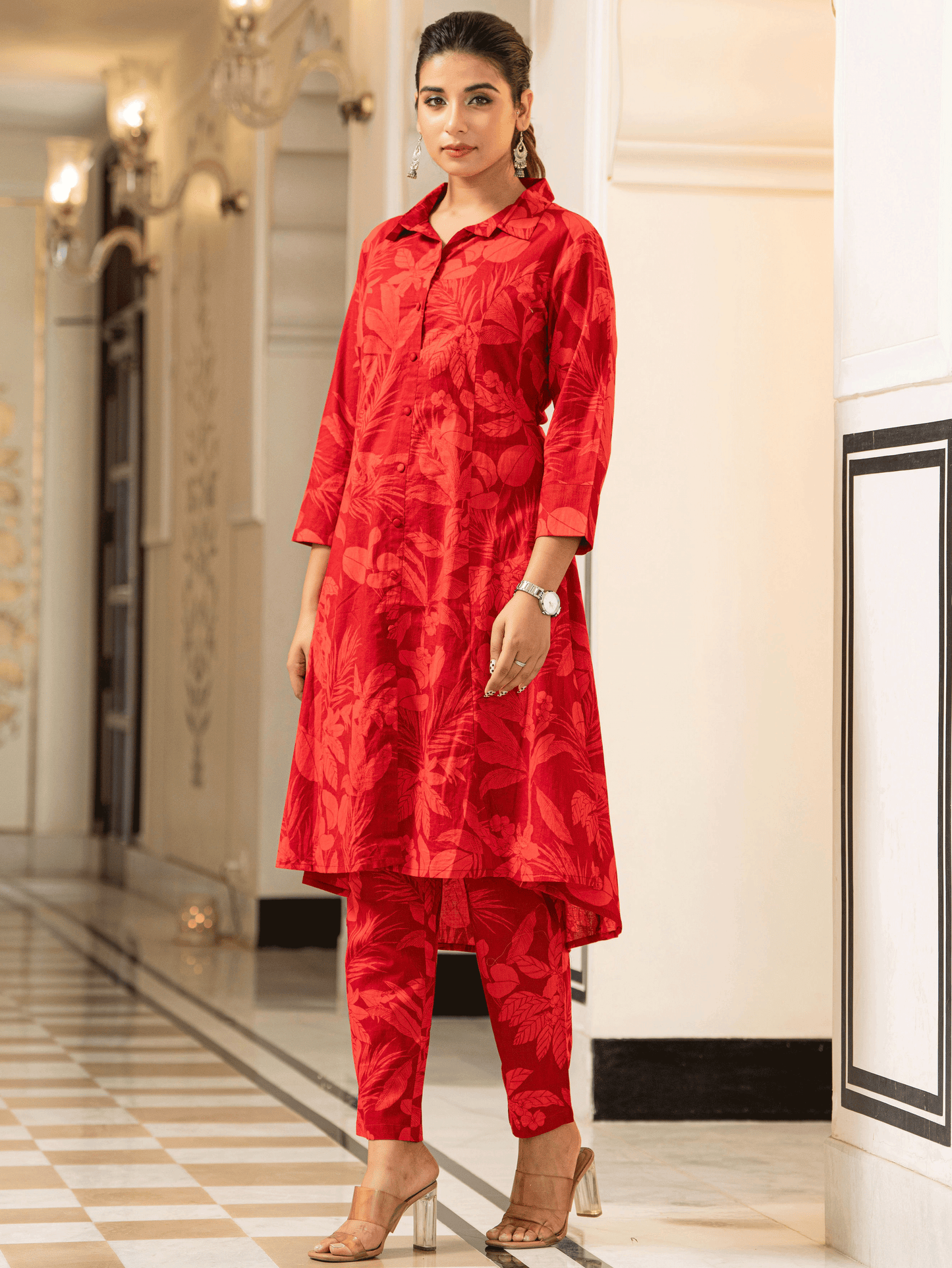 Soft Cotton Foliage High Low Red Kurta
