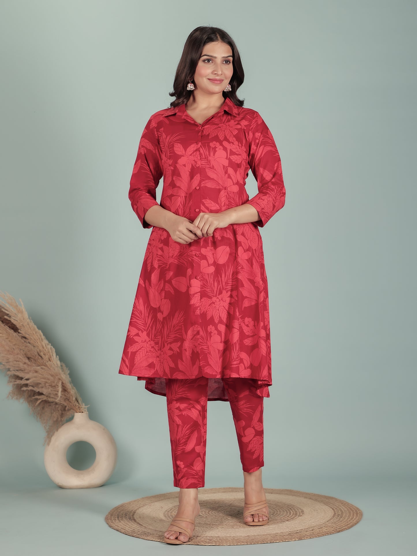 Soft Cotton Foliage High Low Red Kurta