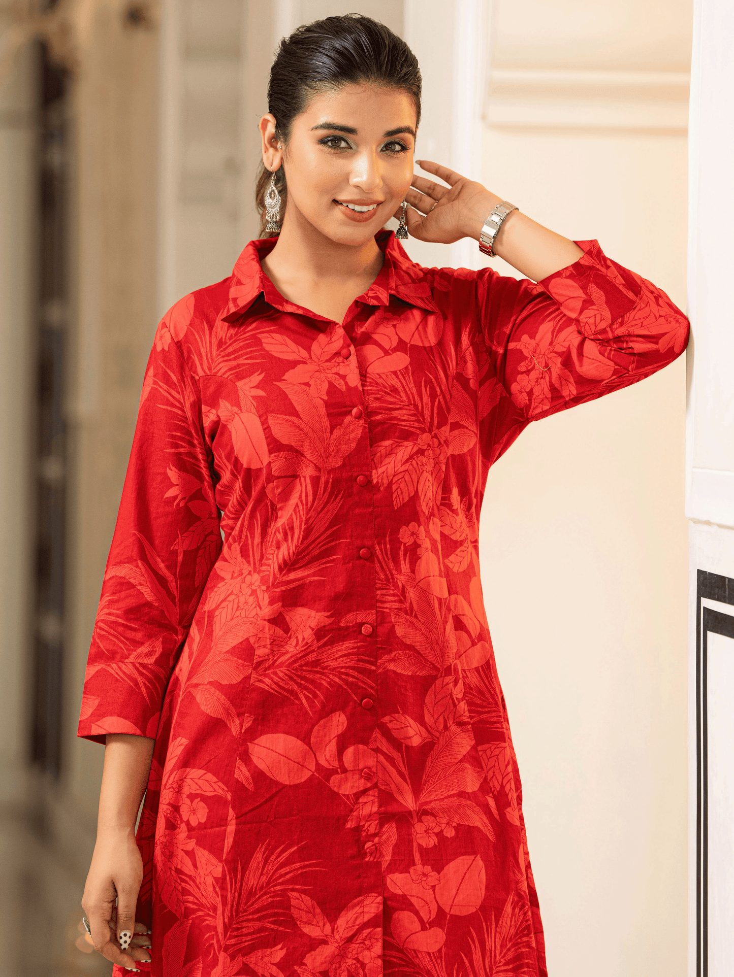Soft Cotton Foliage High Low Red Kurta