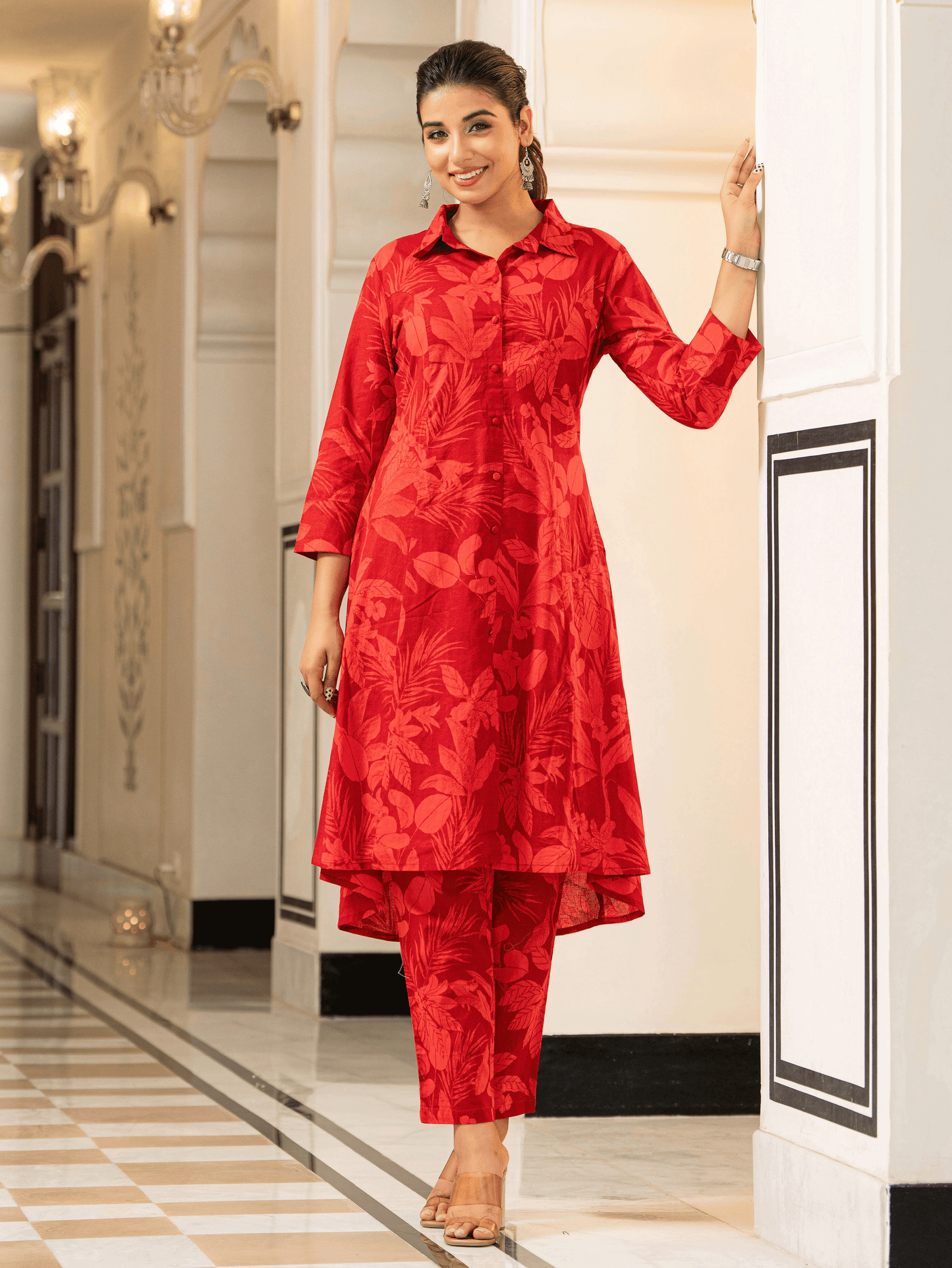 Soft Cotton Foliage High Low Red Kurta