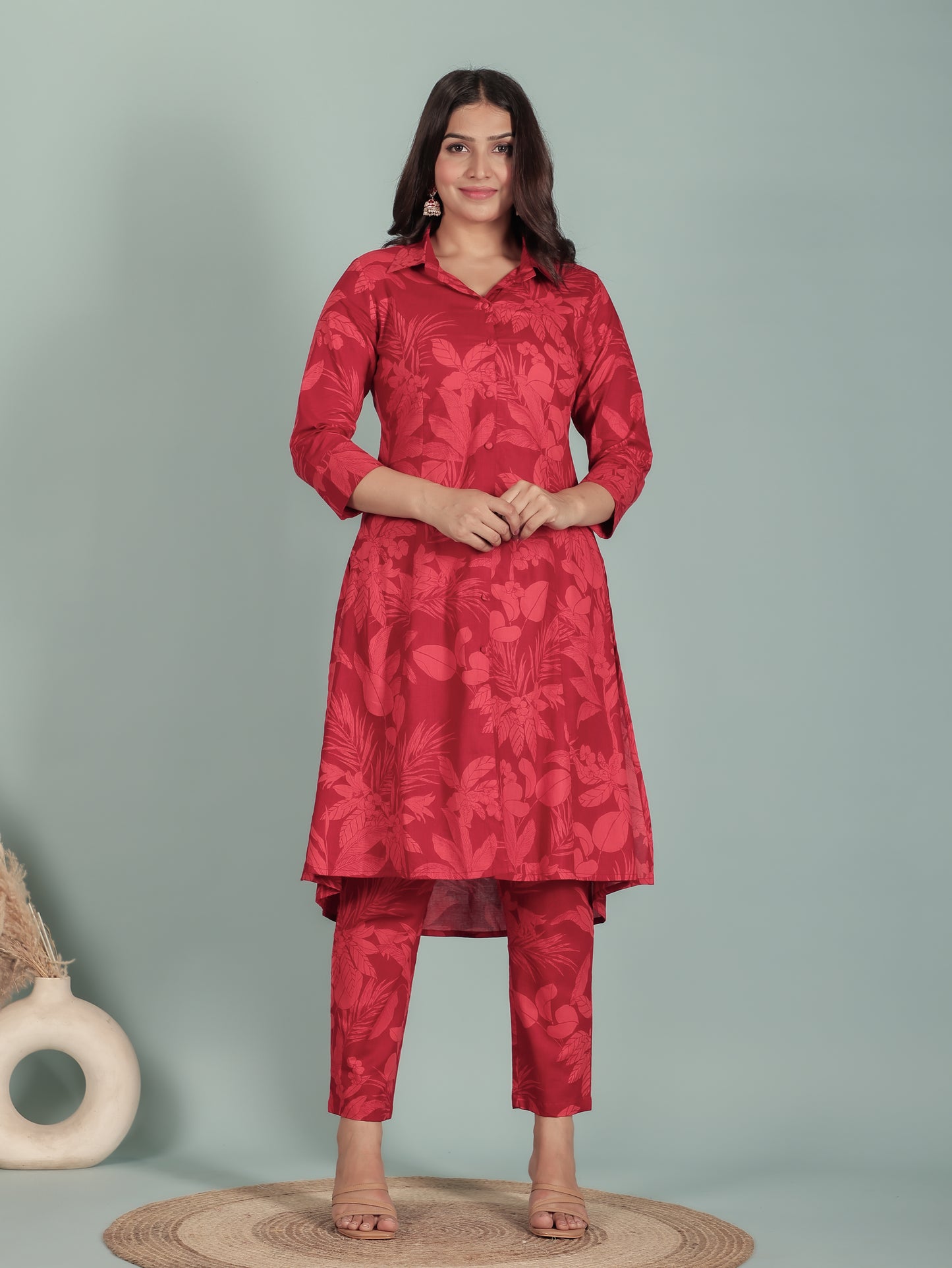 Soft Cotton Foliage High Low Red Kurta