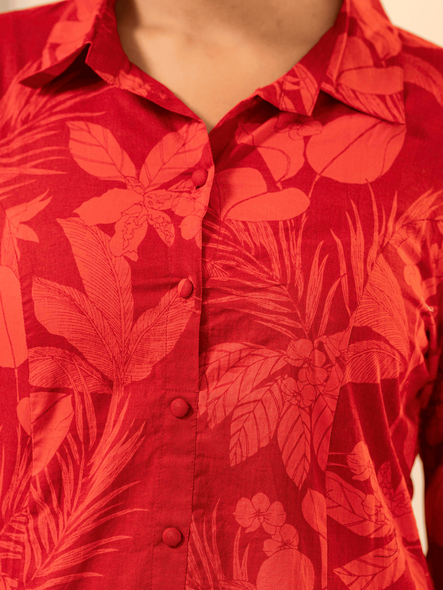 Soft Cotton Foliage High Low Red Kurta