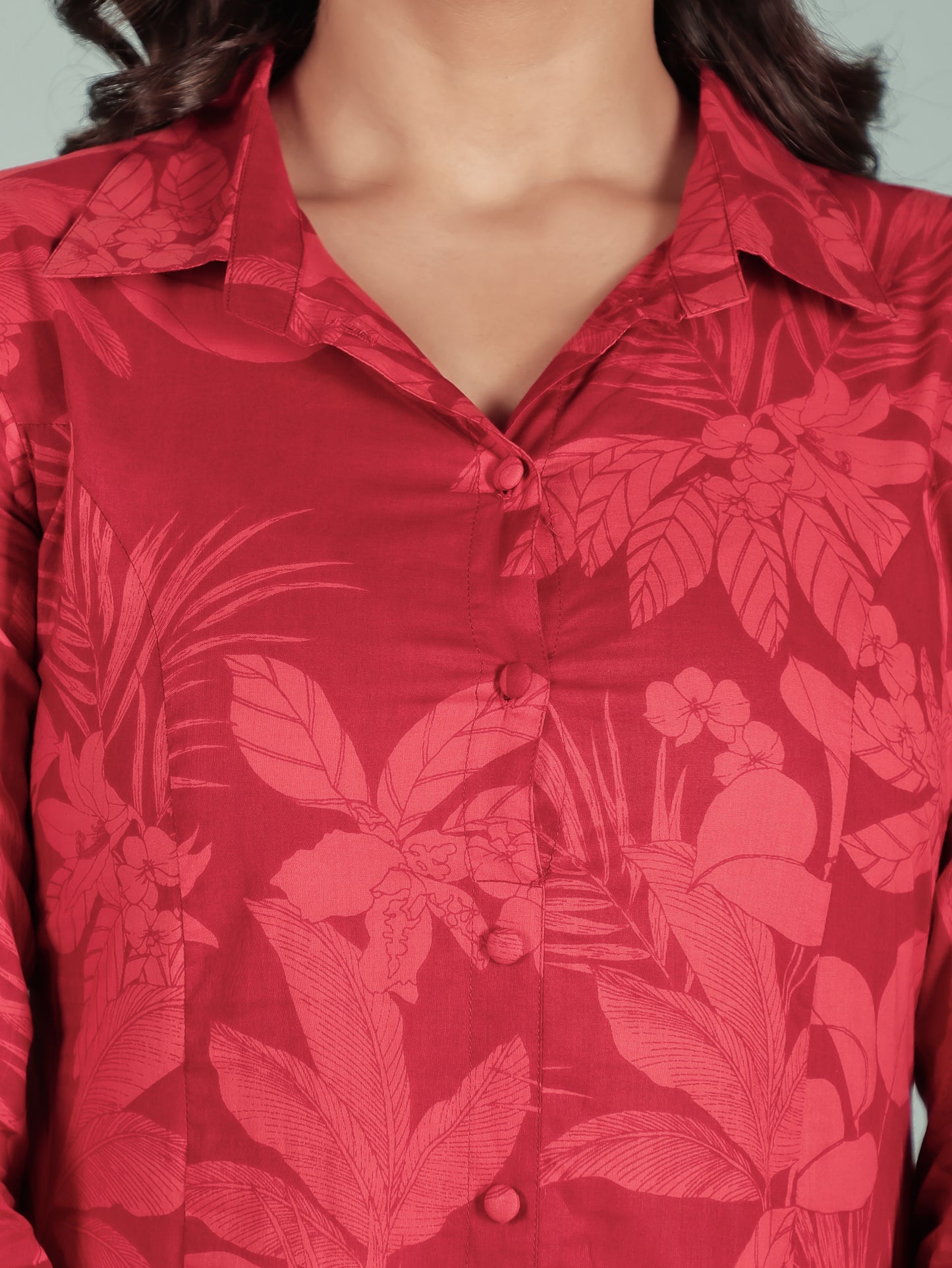 Soft Cotton Foliage High Low Red Kurta