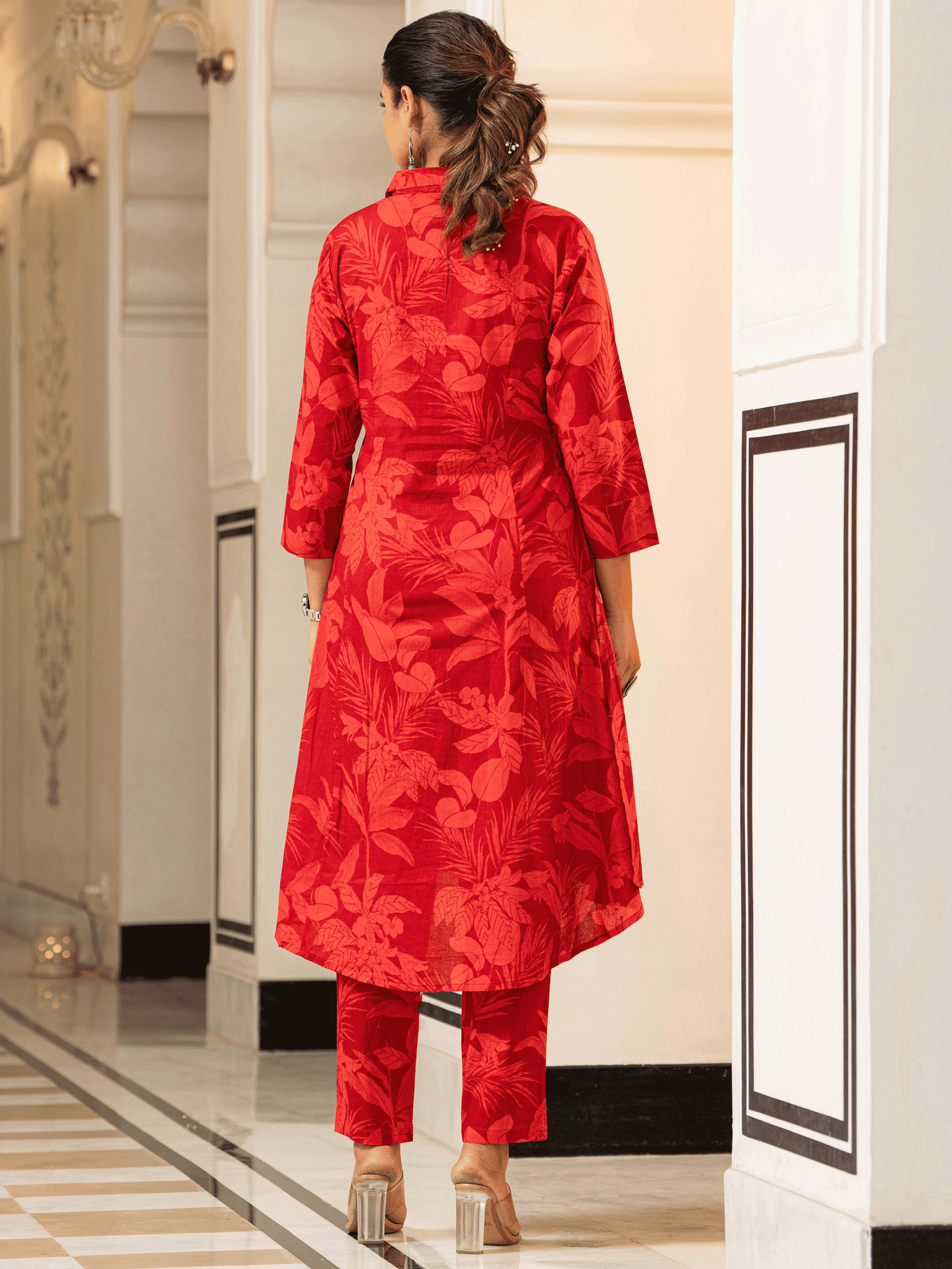 Soft Cotton Foliage High Low Red Kurta