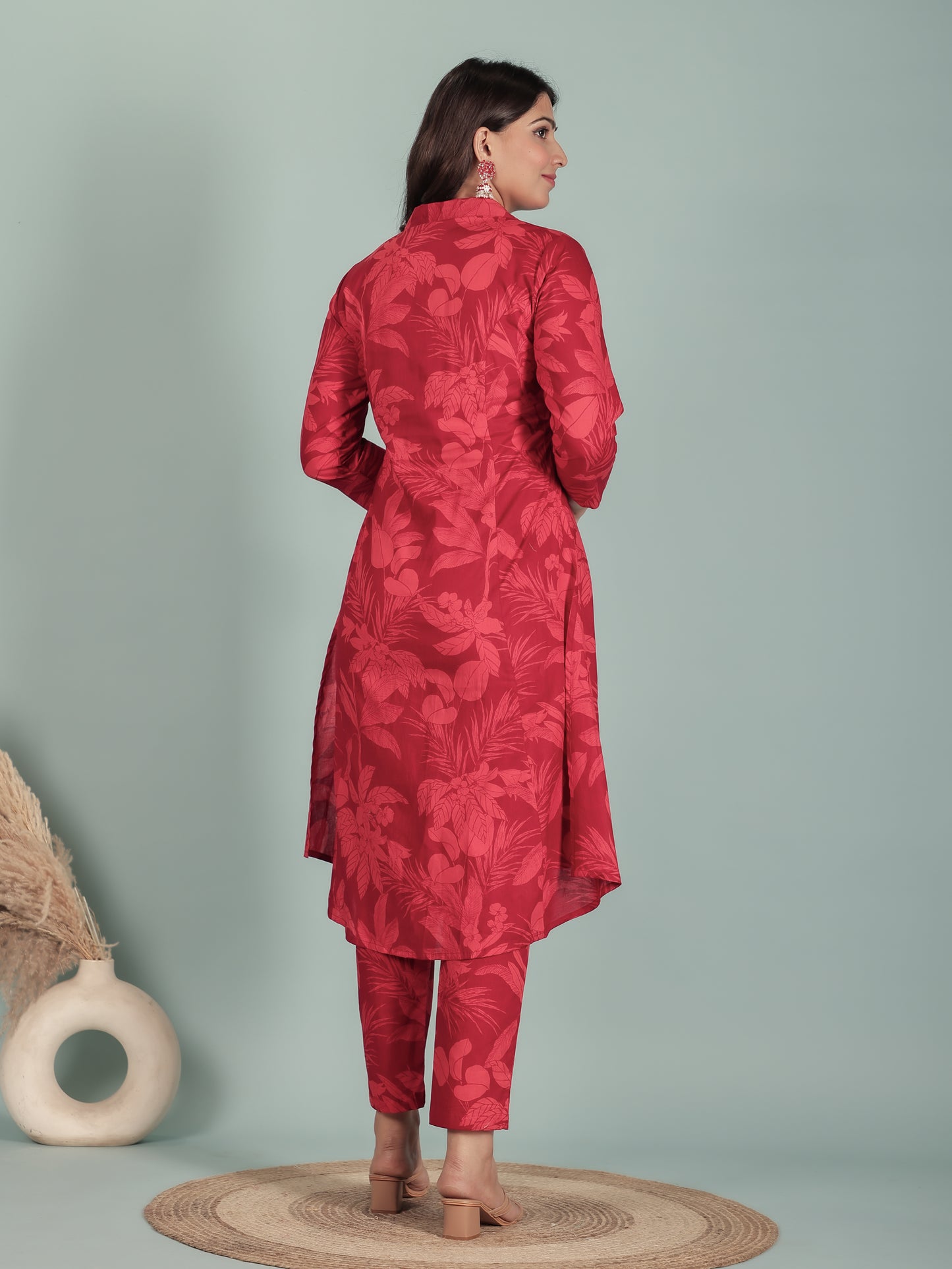 Soft Cotton Foliage High Low Red Kurta